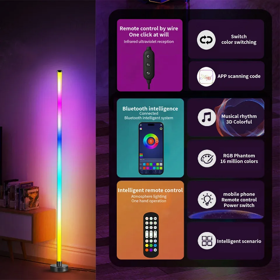 Smart RGB LED Corner Floor Lamp Music Sync App & Remote Control Mood Light Timer - Image 3