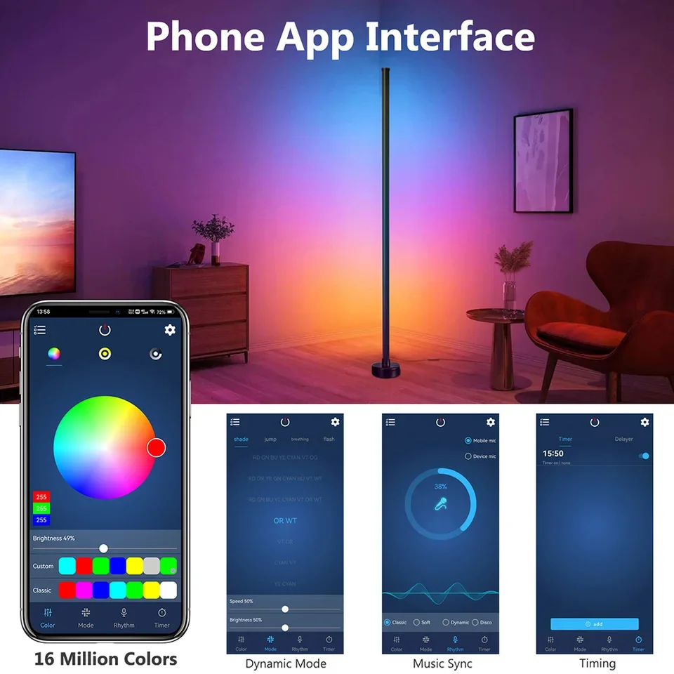 Smart RGB LED Corner Floor Lamp Music Sync App & Remote Control Mood Light Timer - Image 4