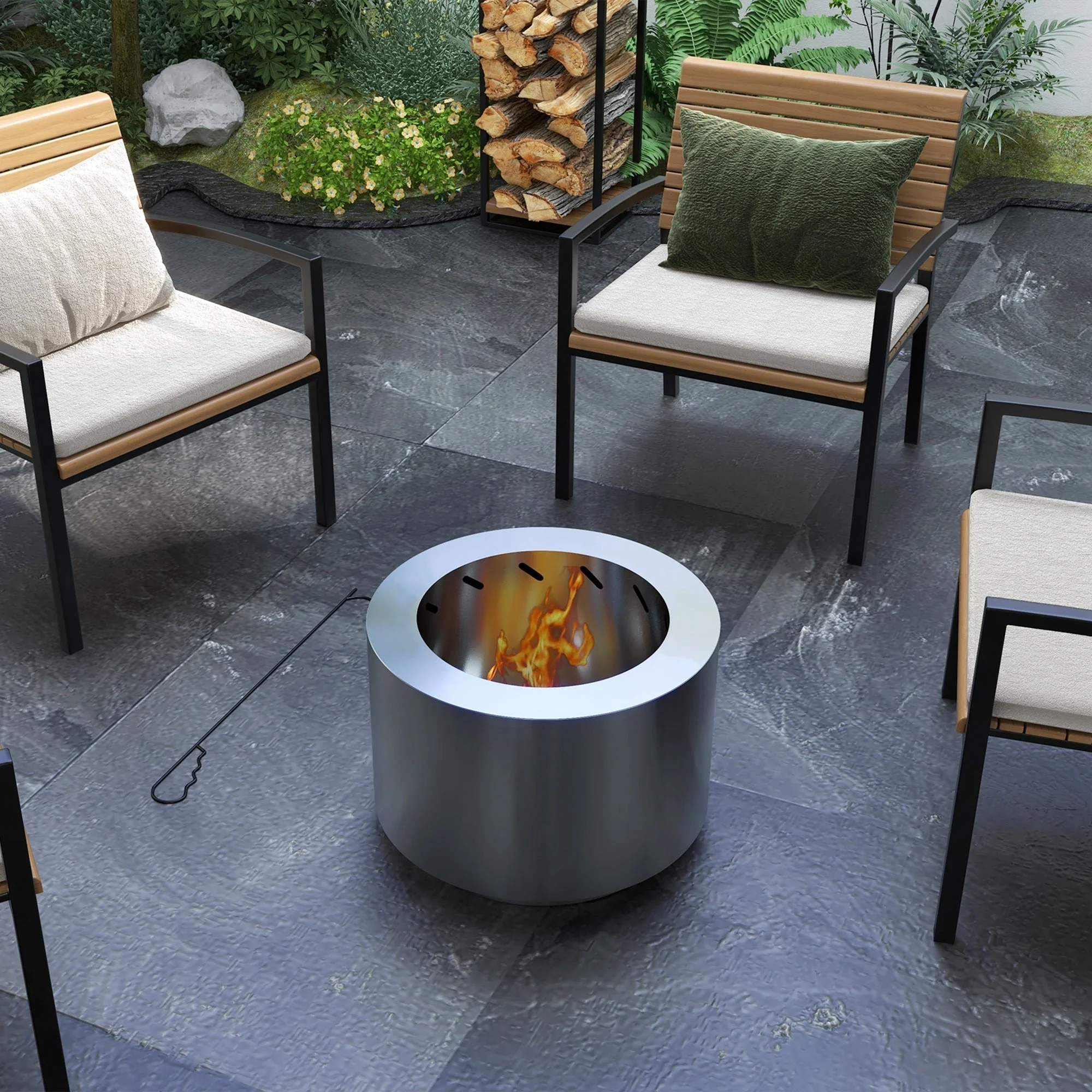 Smokeless Fire Pit 19" Portable Wood Burning Firepit with Poker - Image 2