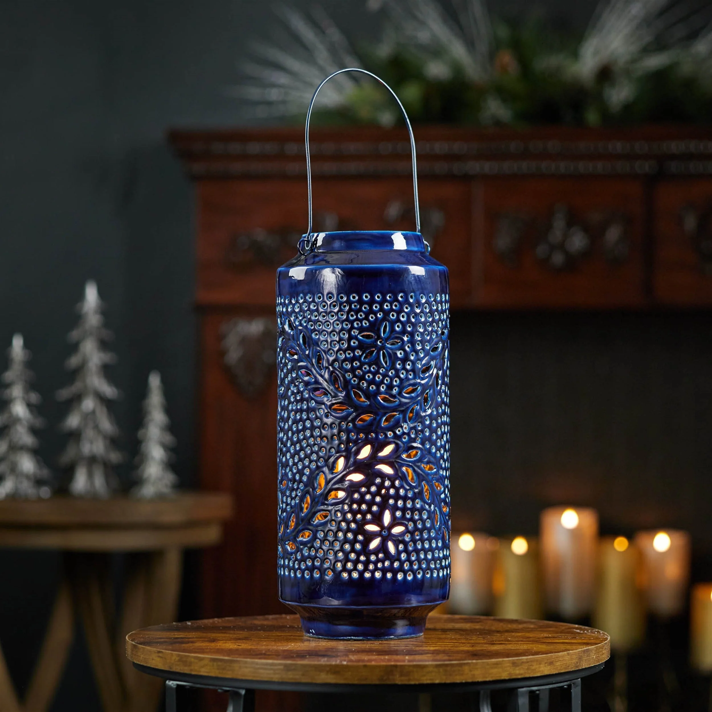 Snowflake Punched Metal Candle Lantern 15.5"H - Image 2