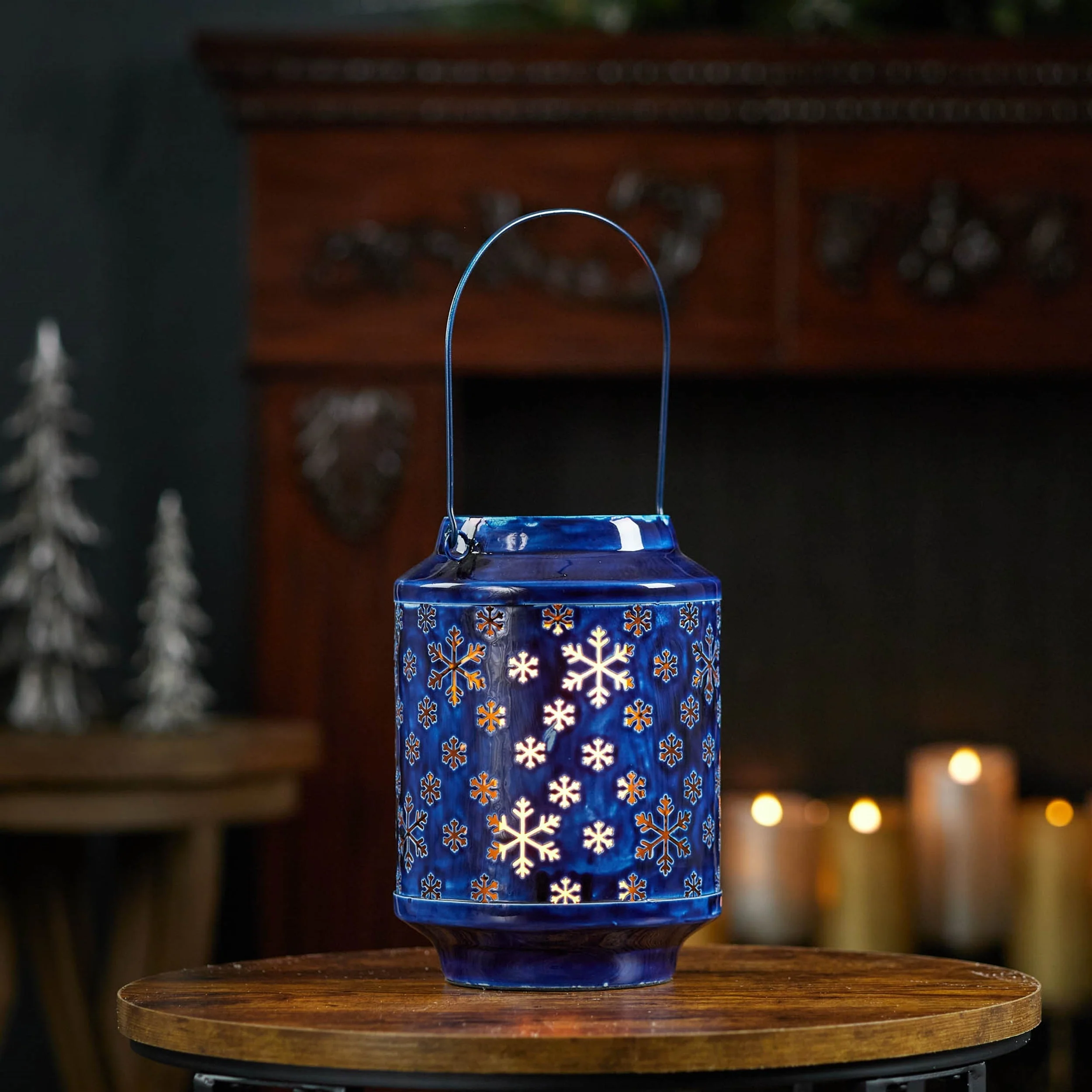 Snowflake Punched Metal Candle Lantern 9.5"H - Image 2