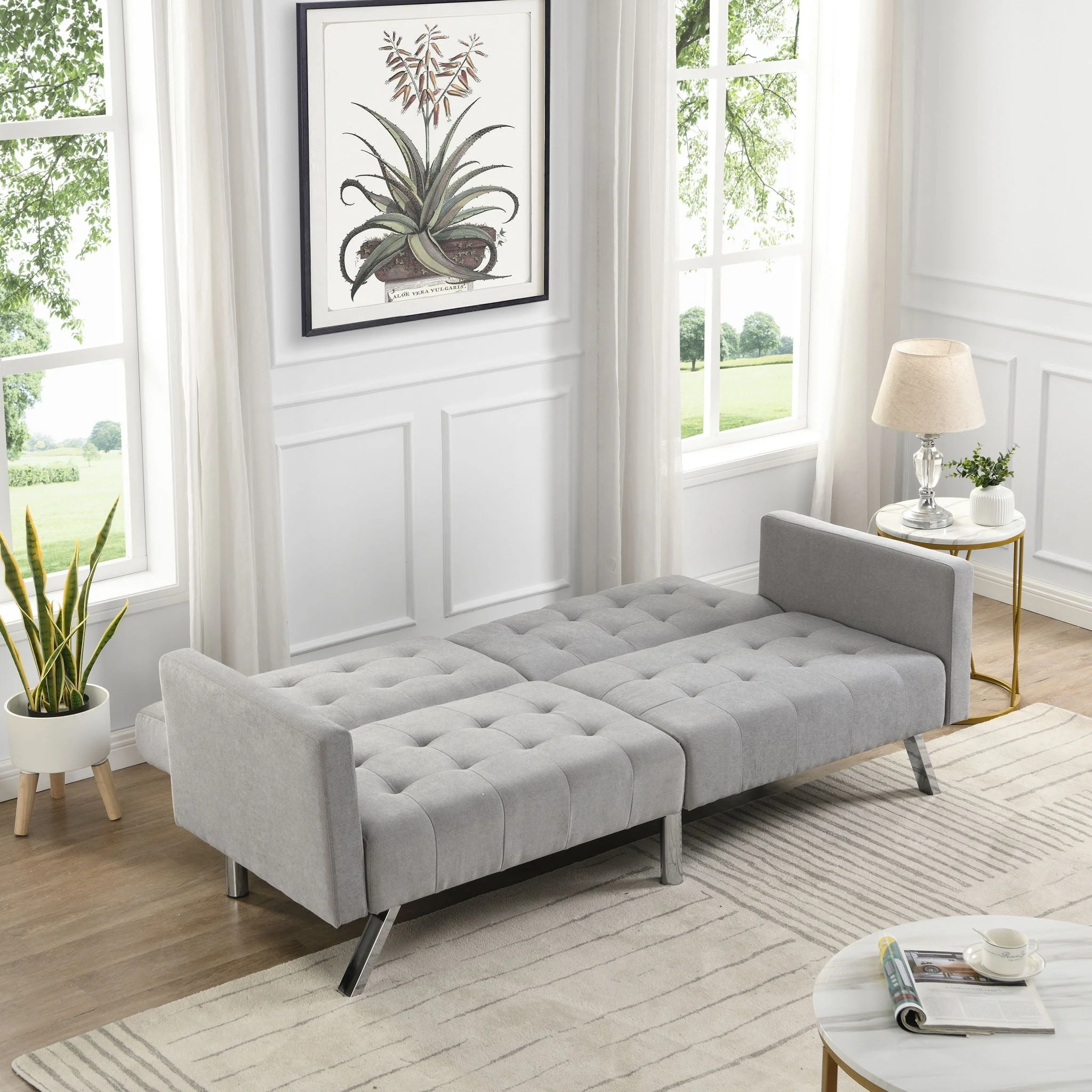 Sofa Bed Convertible Folding Lounge Couch Loveseat Sleeper Sofa Armrests Living Room Bedroom Apartment Reading Room - Light Gray - Image 2