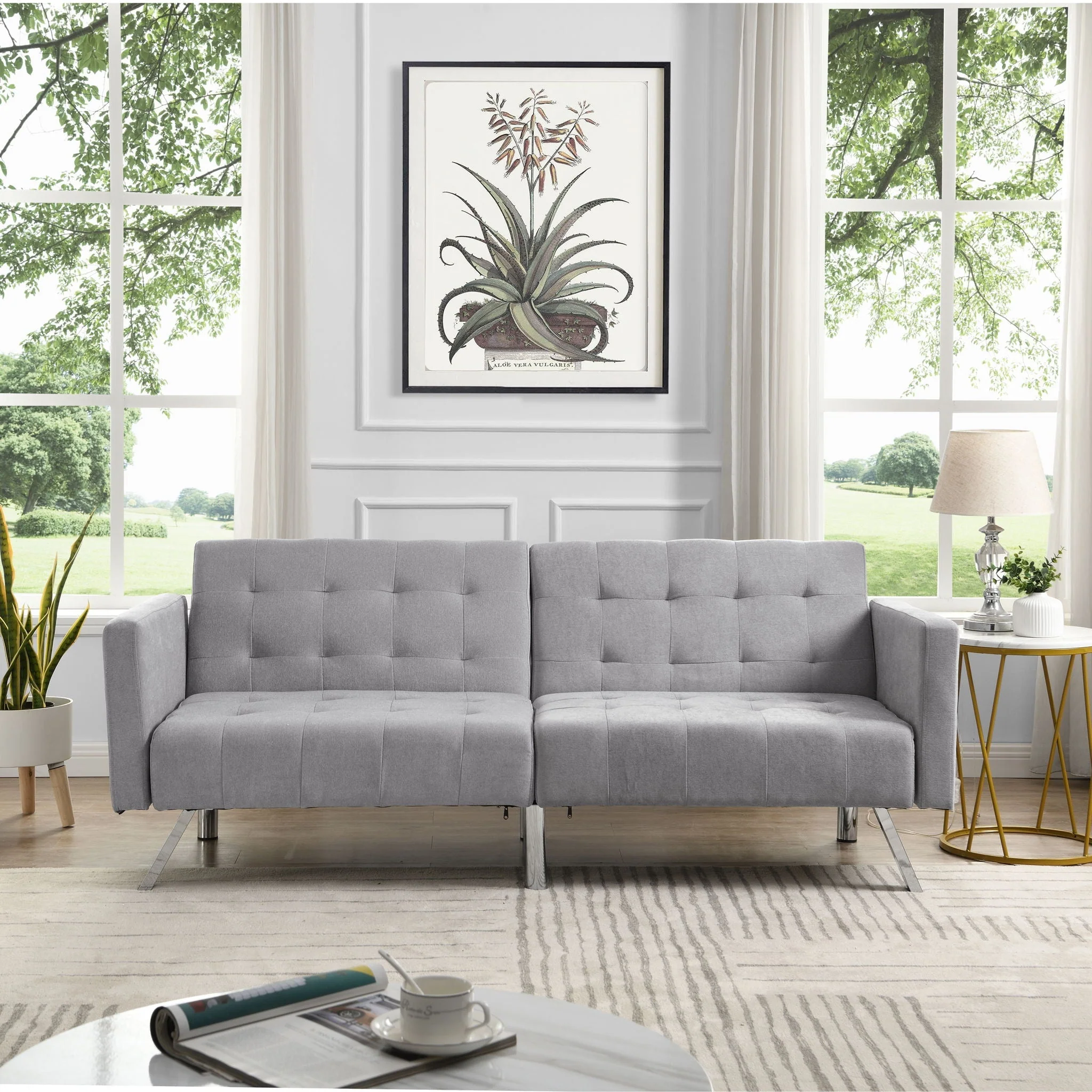 Sofa Bed Convertible Folding Lounge Couch Loveseat Sleeper Sofa Armrests Living Room Bedroom Apartment Reading Room - Light Gray - Image 4