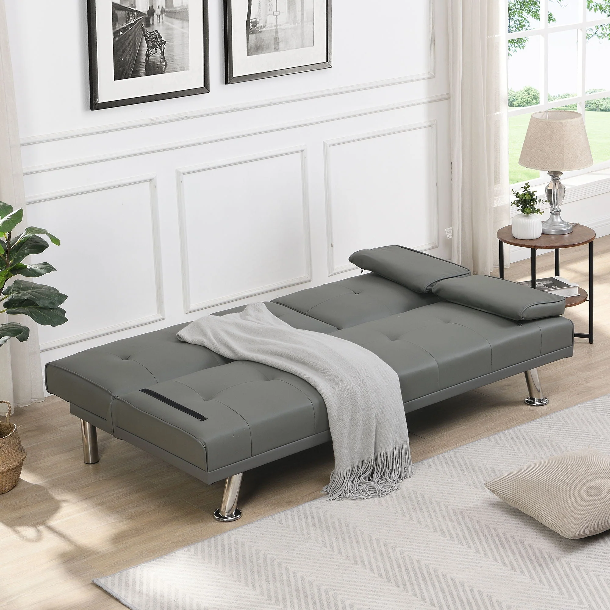 Sofa Bed With Armrest Two Holders Wood Frame, Stainless Leg Futon - Gray - Image 2