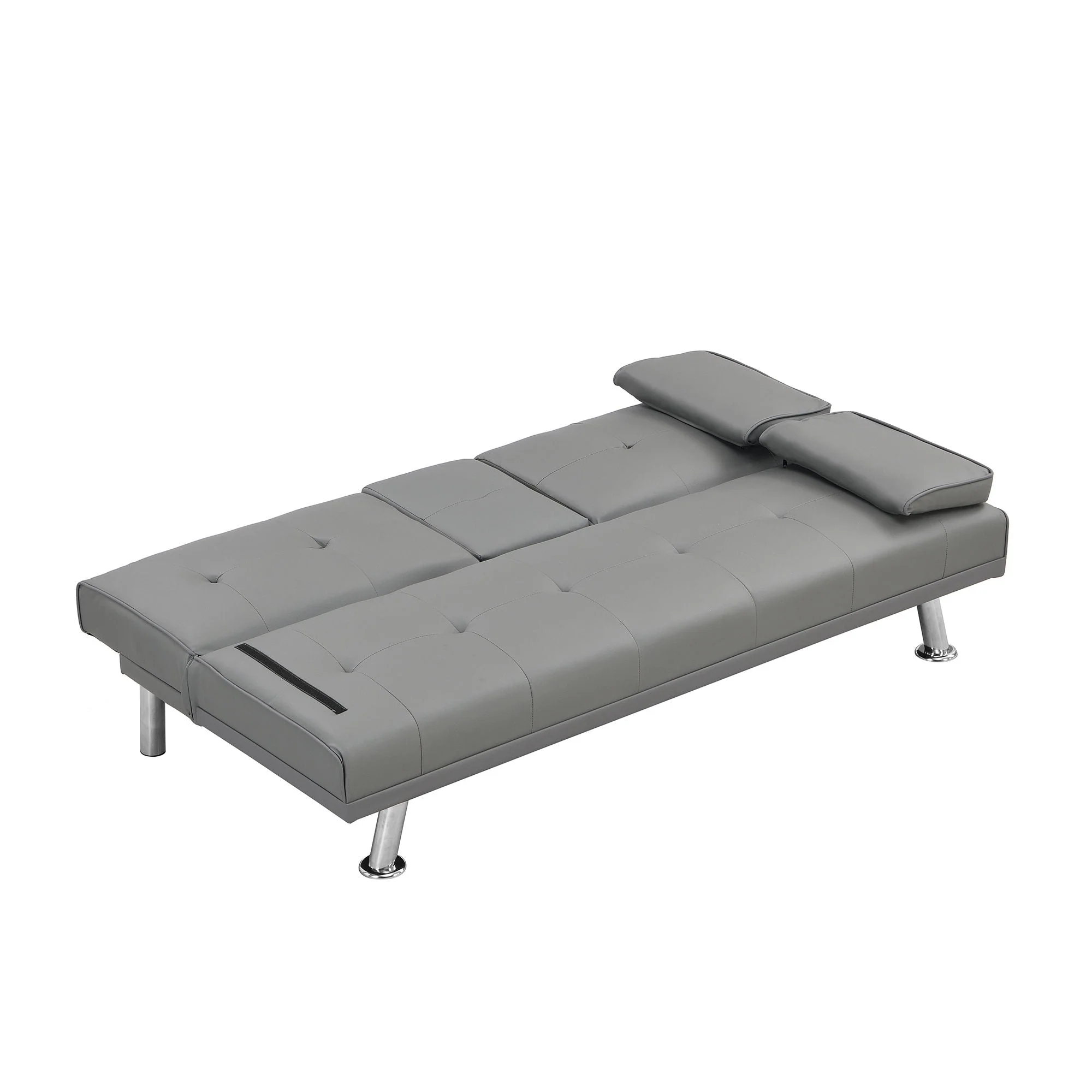 Sofa Bed With Armrest Two Holders Wood Frame, Stainless Leg Futon - Gray - Image 3