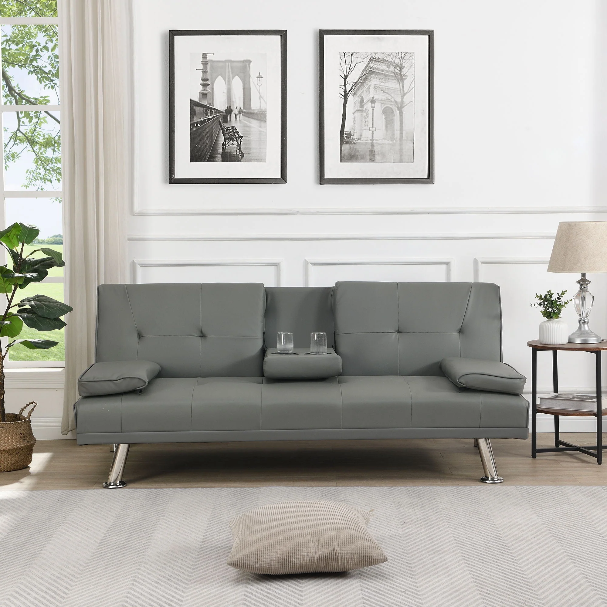 Sofa Bed With Armrest Two Holders Wood Frame, Stainless Leg Futon - Gray - Image 4