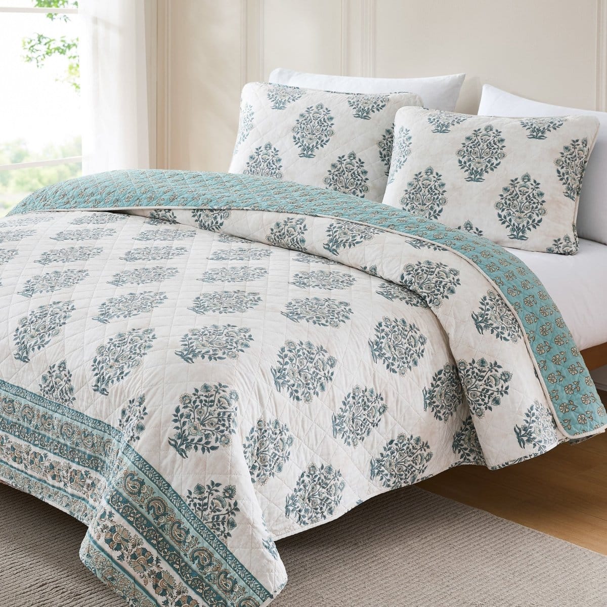 Sofia Flower Block Bouquet Reversible Cotton Quilt 3Pc Set - Image 10
