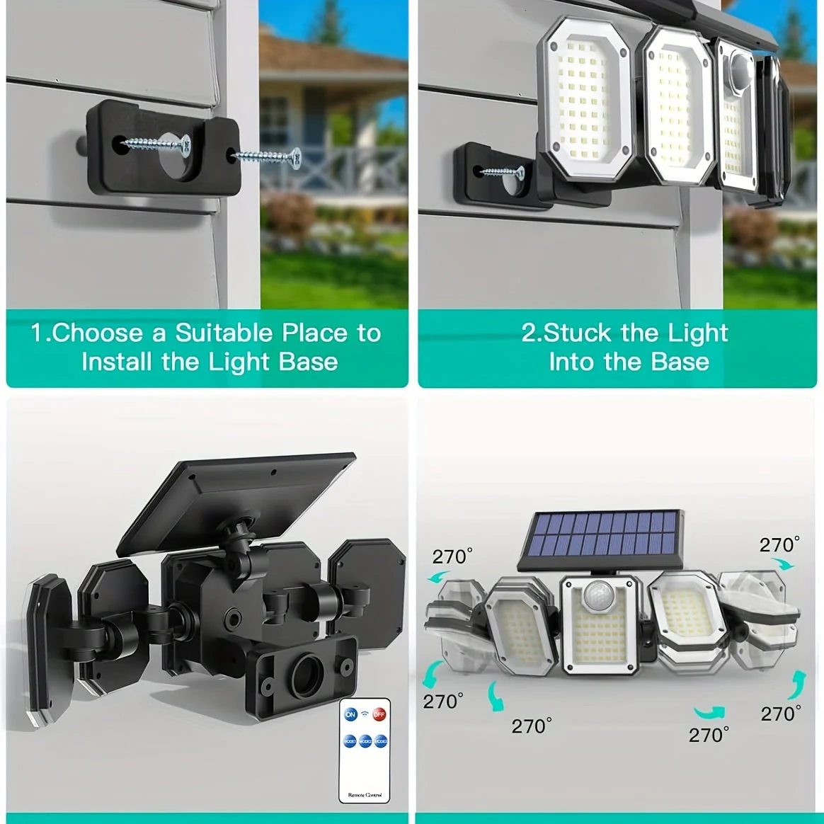 Solar Motion Sensor Flood Light – 300 LED, 5-Head, 7000K, Remote, Outdoor Use - Image 10