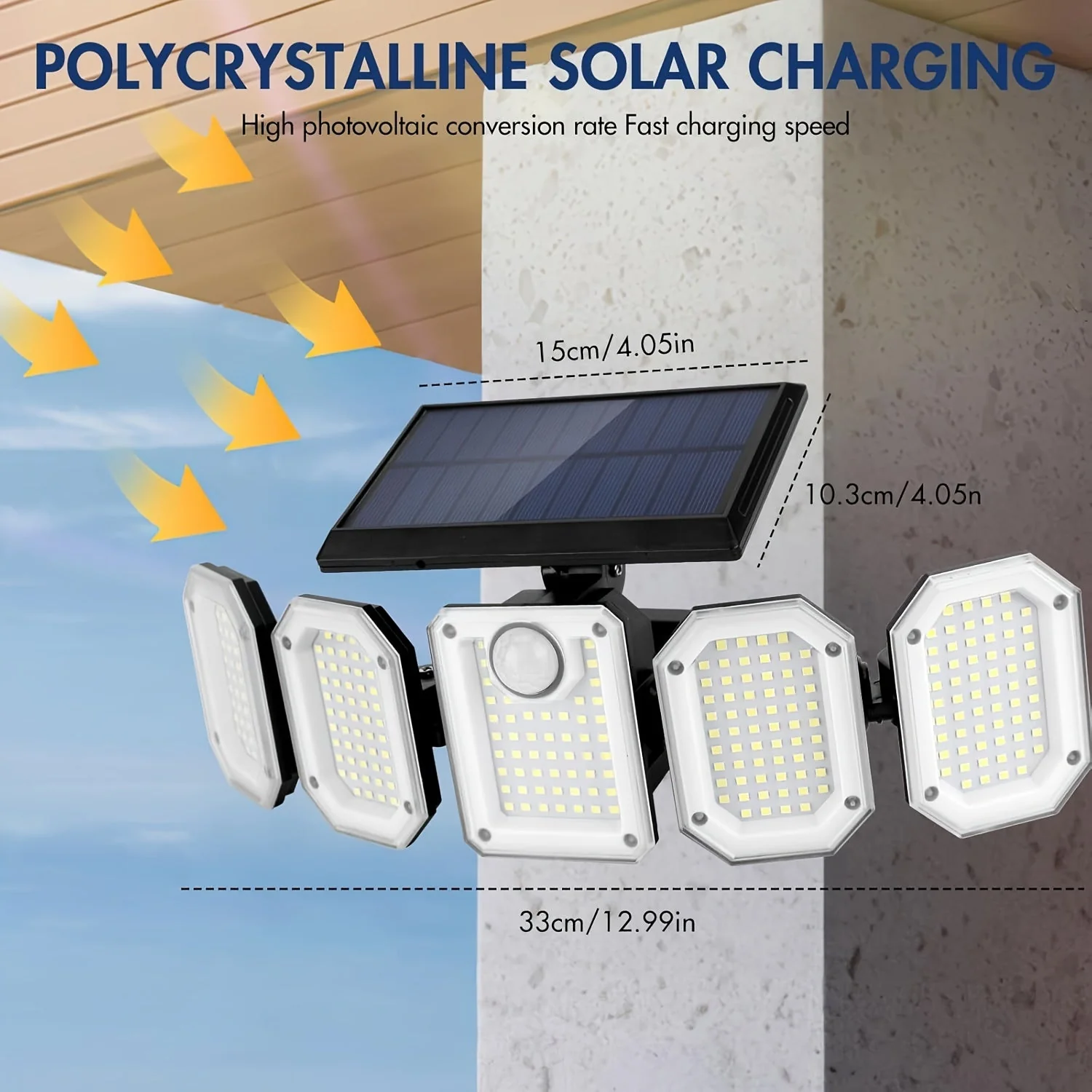 Solar Motion Sensor Flood Light – 300 LED, 5-Head, 7000K, Remote, Outdoor Use - Image 3
