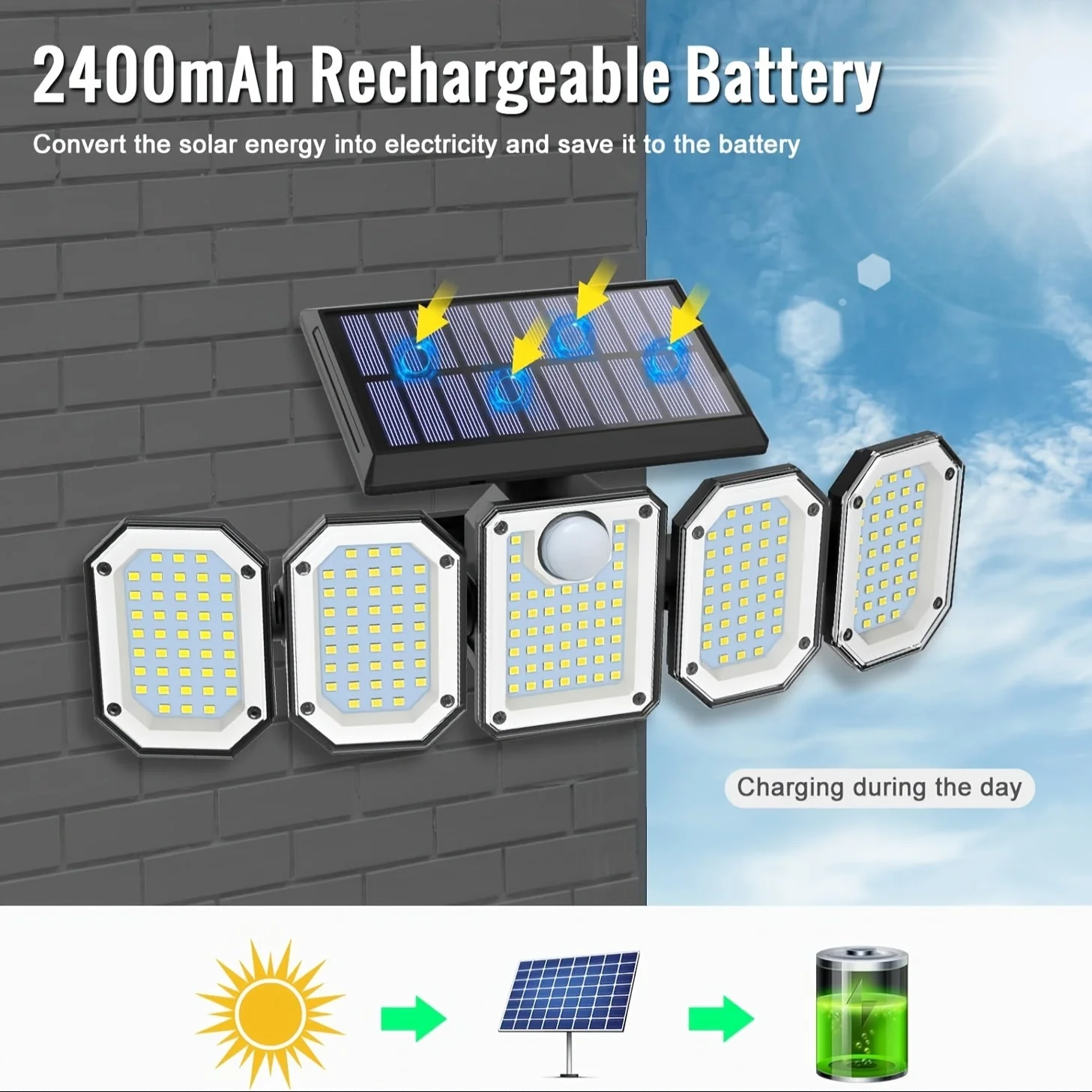 Solar Motion Sensor Flood Light – 300 LED, 5-Head, 7000K, Remote, Outdoor Use - Image 4
