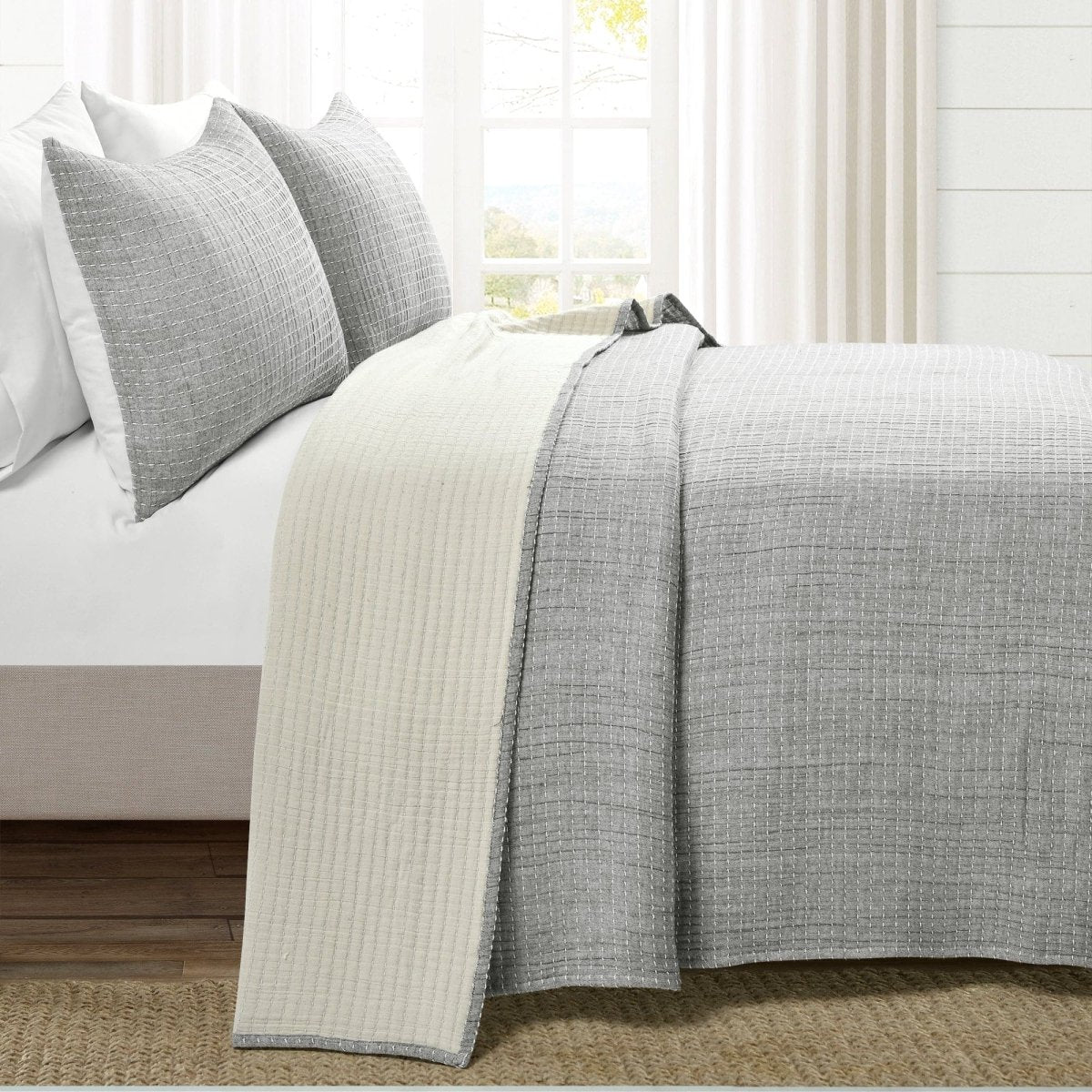 Solid Kantha Pick Stitch Yarn Dyed Cotton Woven Quilt/Coverlet Set - Image 12