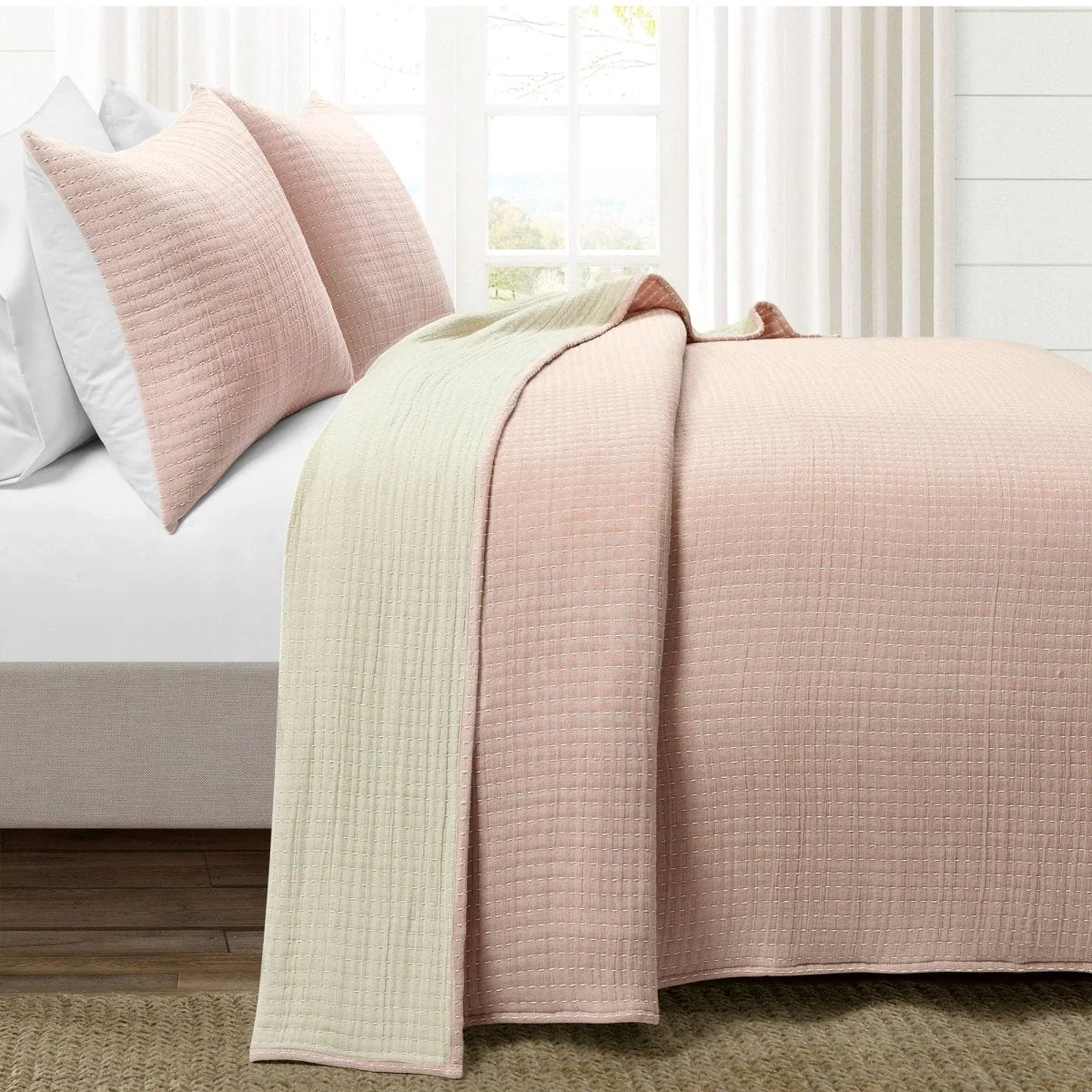Solid Kantha Pick Stitch Yarn Dyed Cotton Woven Quilt/Coverlet Set - Image 13