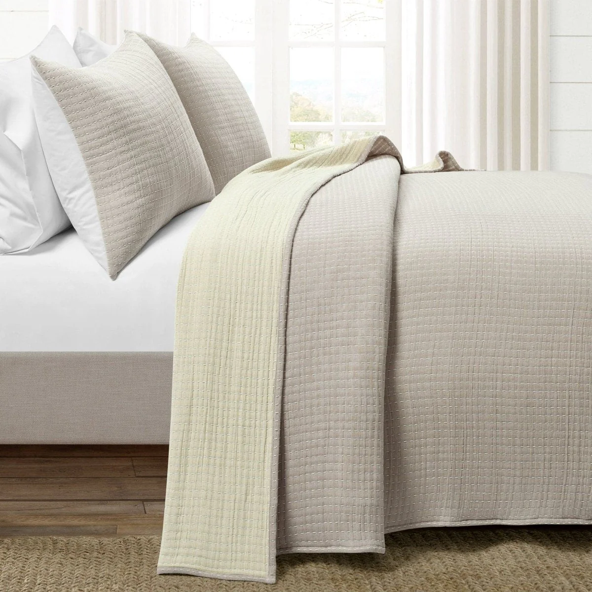 Solid Kantha Pick Stitch Yarn Dyed Cotton Woven Quilt/Coverlet Set - Image 15