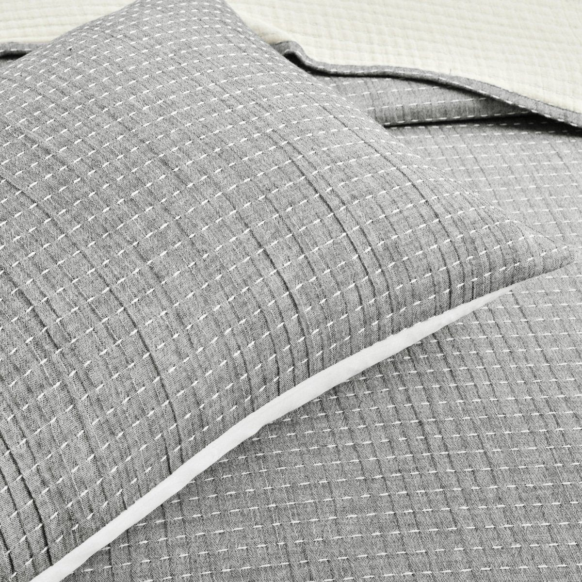 Solid Kantha Pick Stitch Yarn Dyed Cotton Woven Quilt/Coverlet Set - Image 20