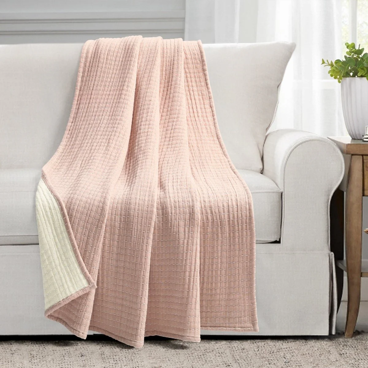 Solid Kantha Pick Stitch Yarn Dyed Cotton Woven Throw - Image 2
