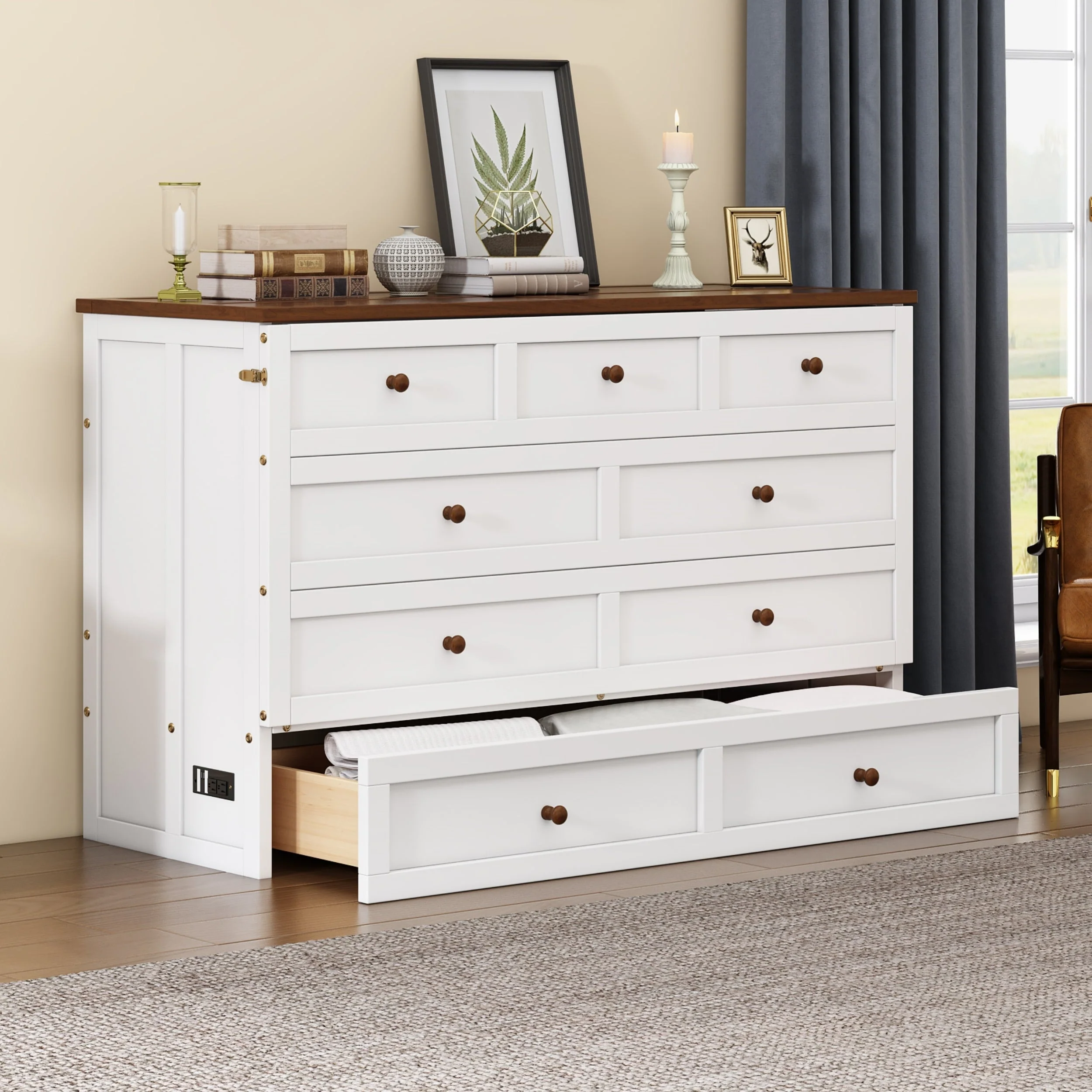 Solid Pine Murphy Bed Chest with Charging Station and Large Storage Drawer - Image 5