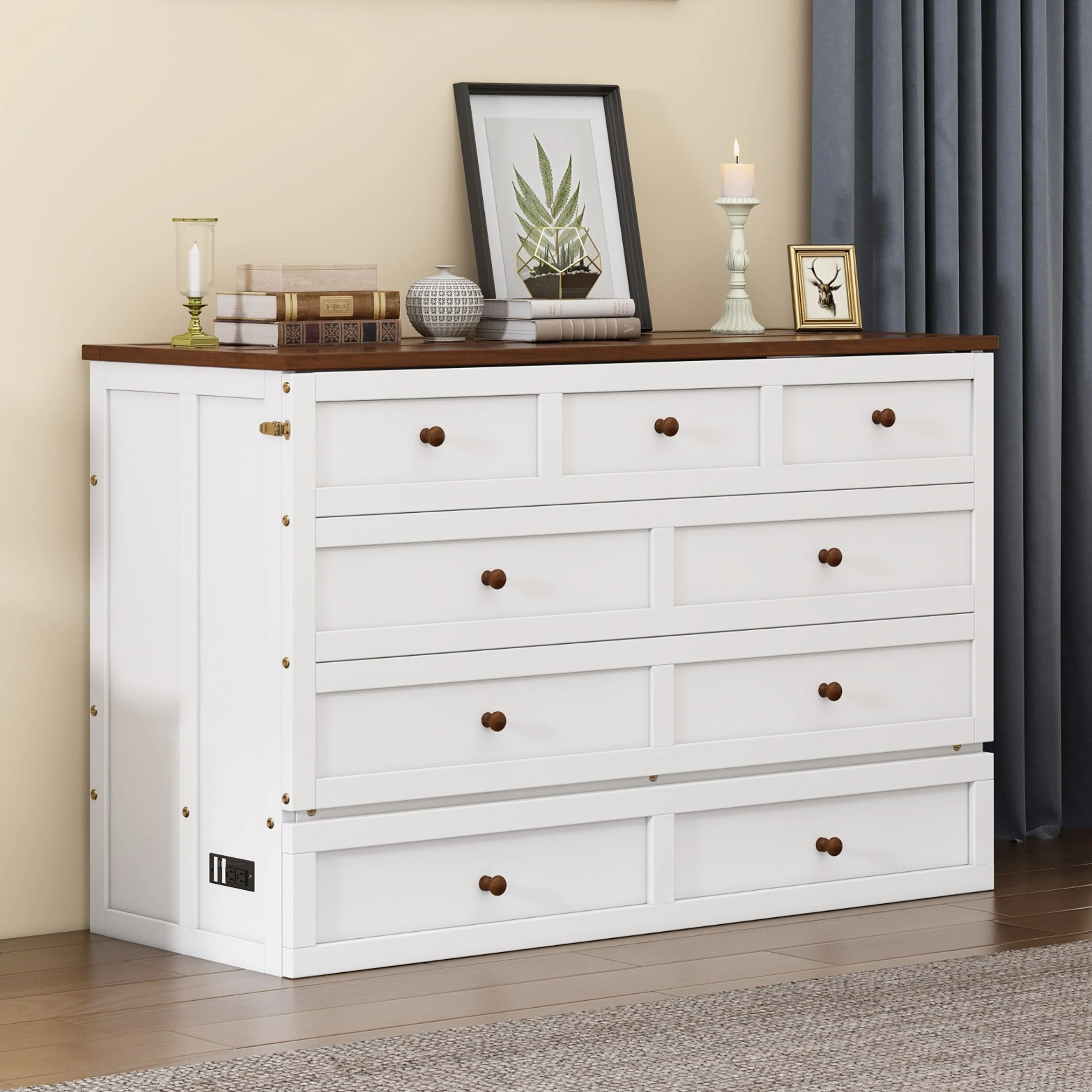 Solid Pine Murphy Bed Chest with Charging Station and Large Storage Drawer - Image 6