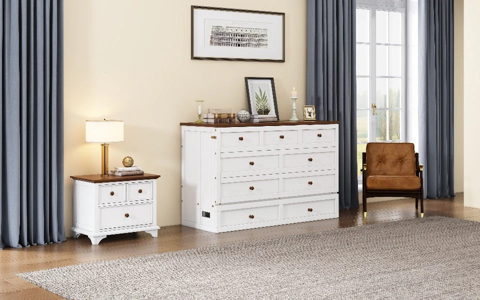 Solid Pine Murphy Bed Chest with Charging Station and Large Storage Drawer - Queen - Image 19