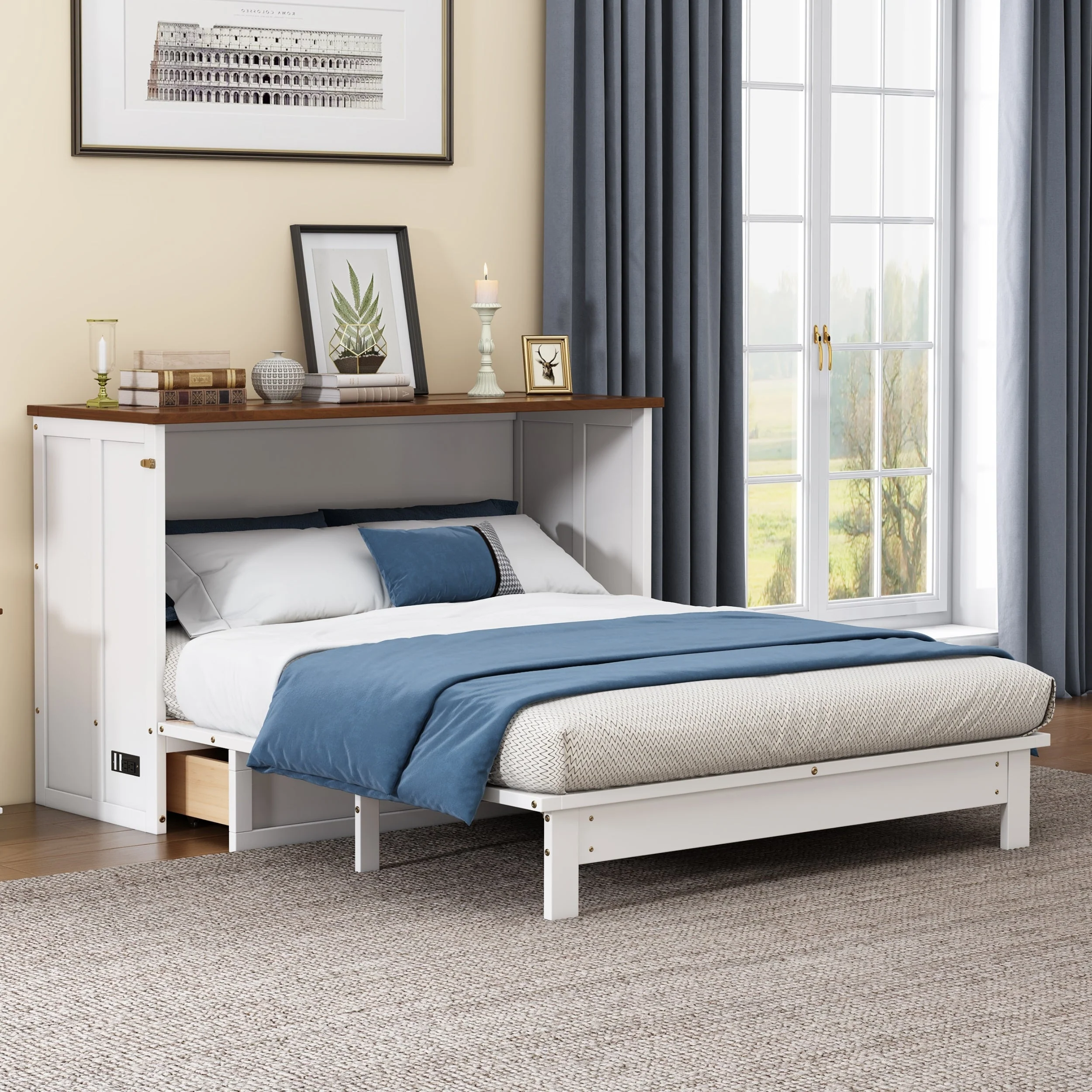 Solid Pine Murphy Bed Chest with Charging Station and Large Storage Drawer - Queen - Image 2