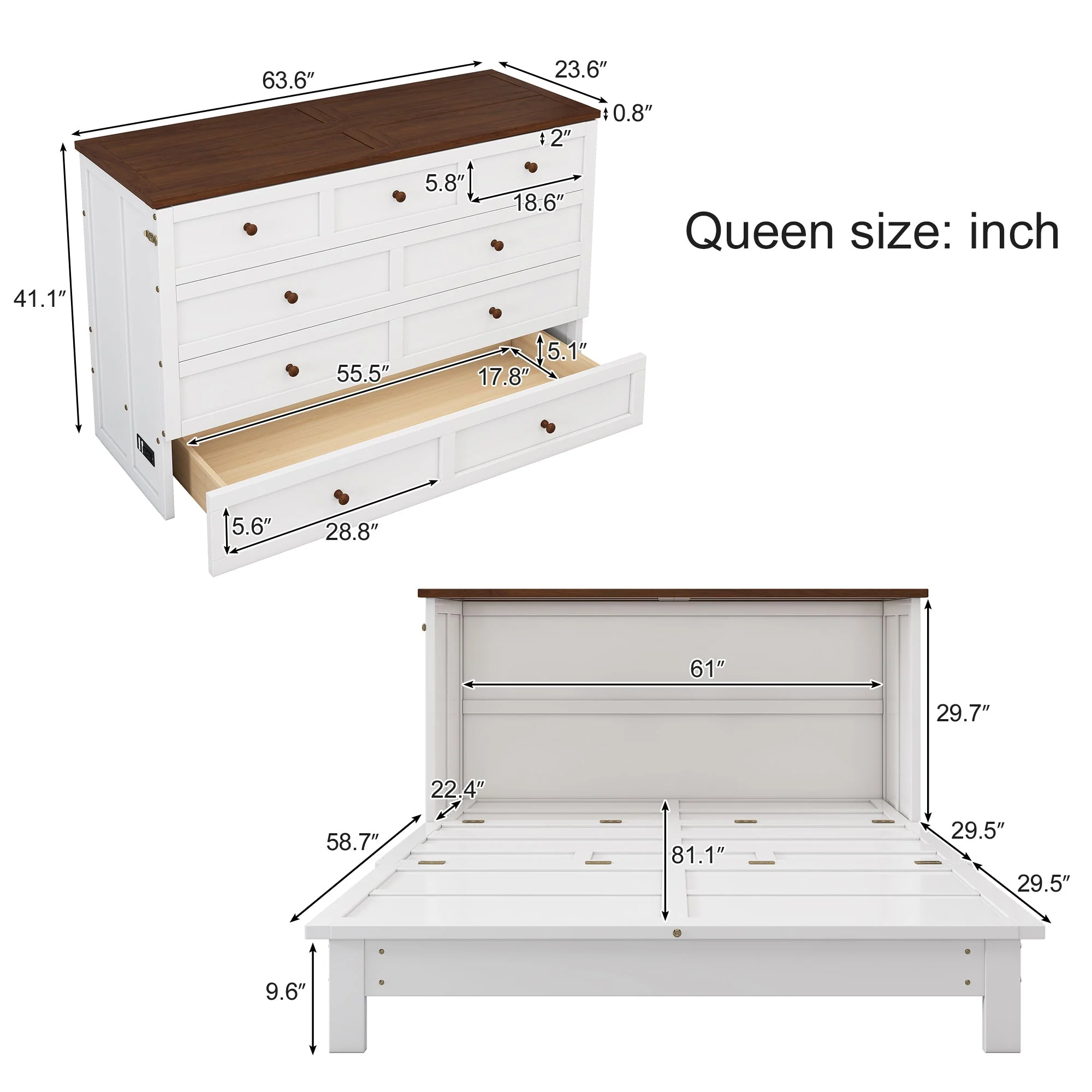 Solid Pine Murphy Bed Chest with Charging Station and Large Storage Drawer - Queen - Image 9