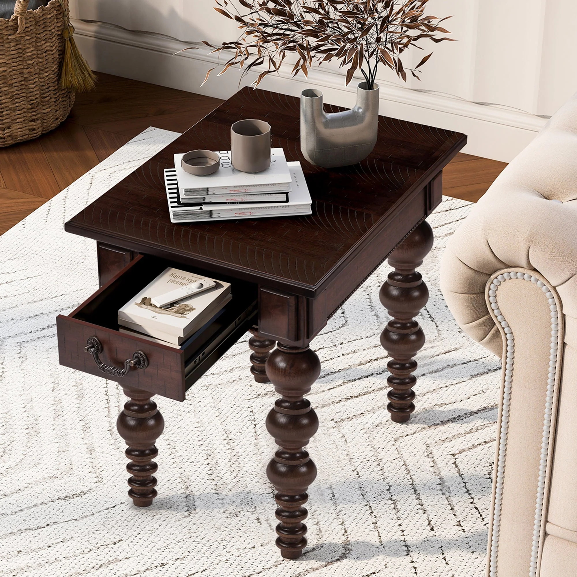 Solid Wood End Table with Drawer in Espresso Finish - Image 2