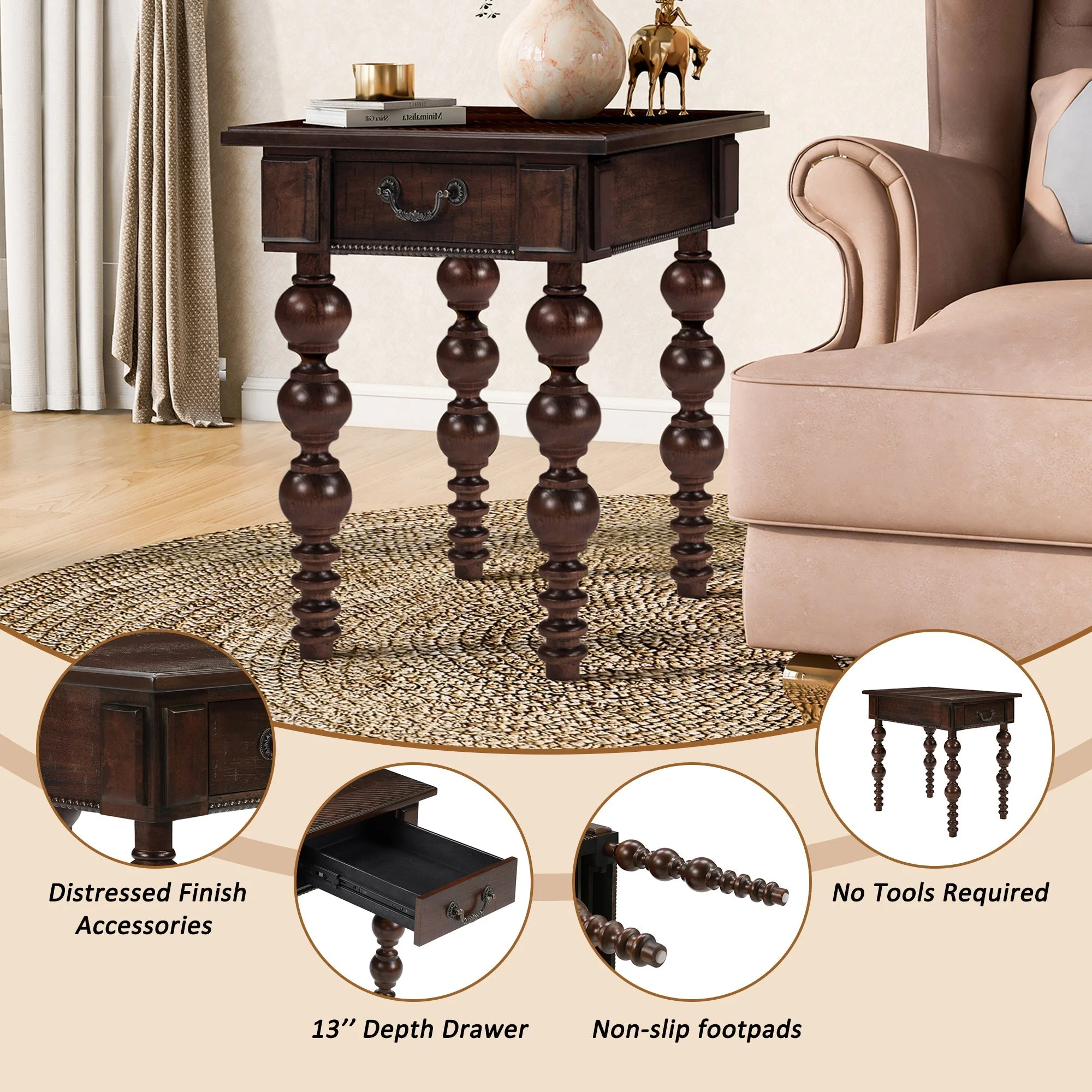 Solid Wood End Table with Drawer in Espresso Finish - Image 7