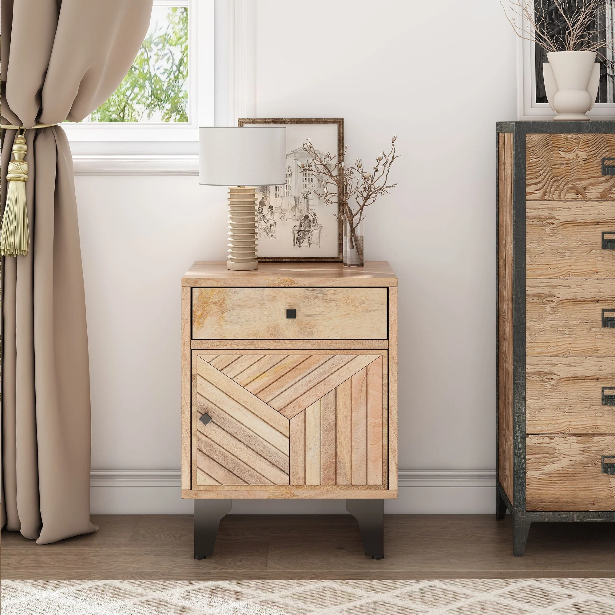 Solid Wood Vintage Nightstand With Handcrafted Detailing - Natural - Image 3