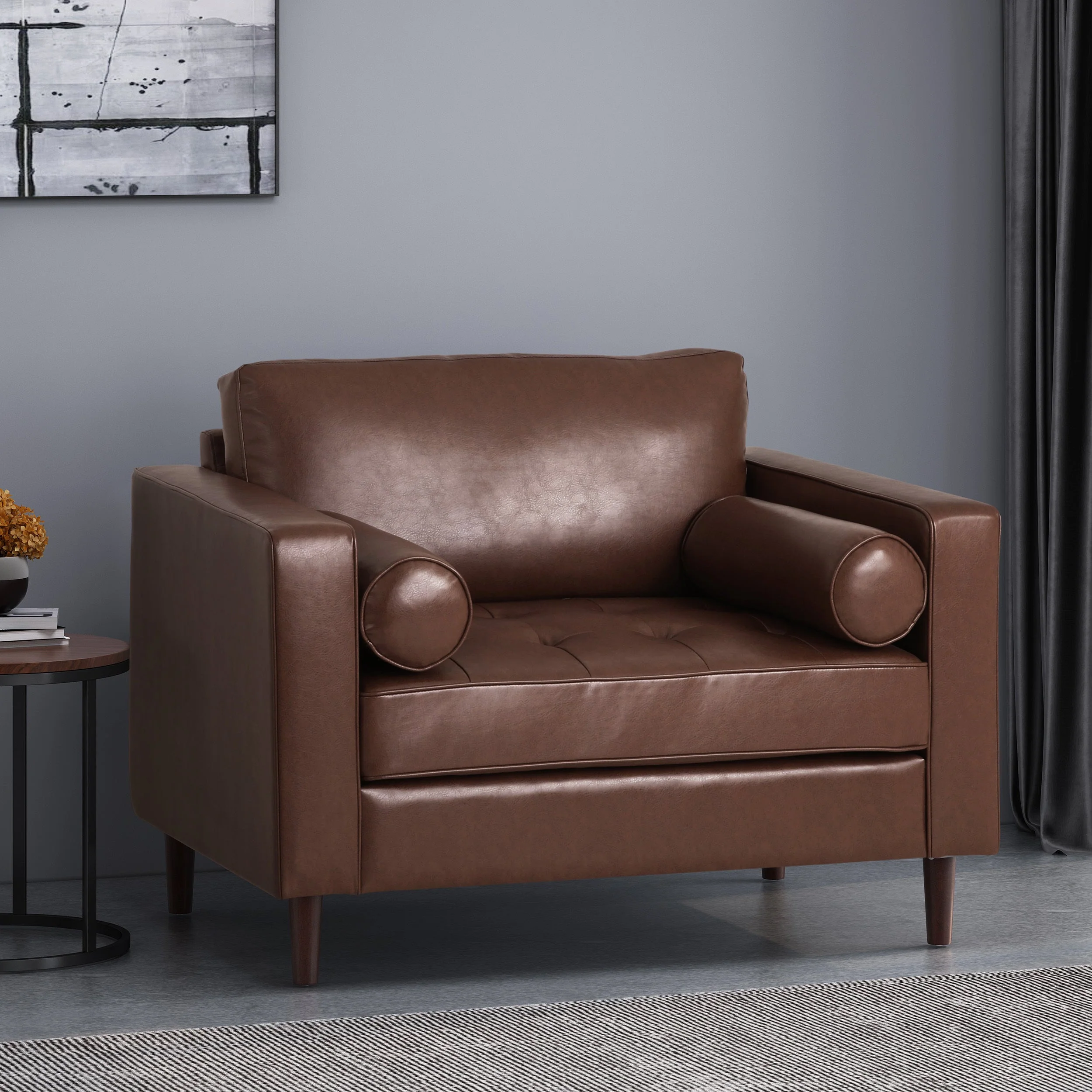 Sophisticated Club Chair with Relaxing Comfort in Dark Brown Faux Leather and Birch Wood - Image 5