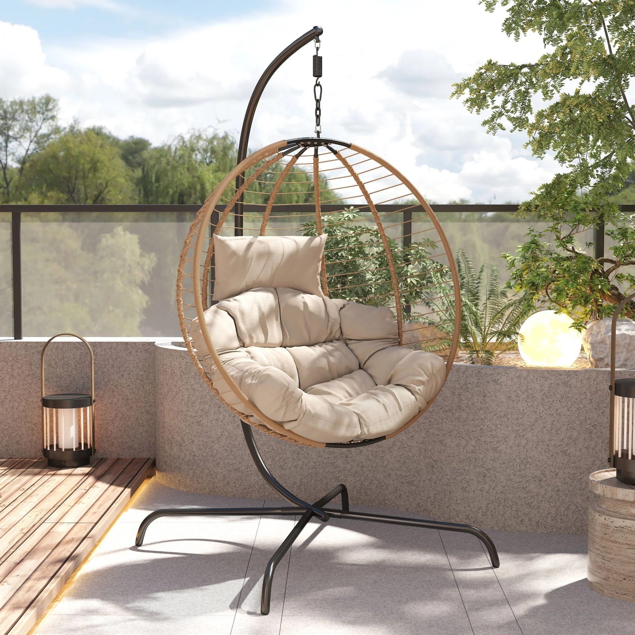 Sora - Outdoor Patio Wicker Hanging Chair With Stand - Beige / Brown - Image 2
