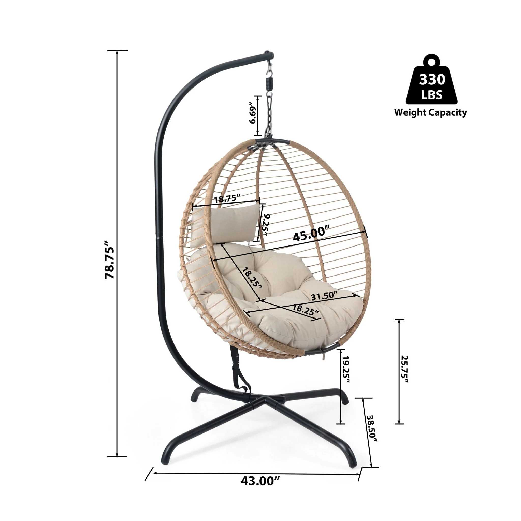 Sora - Outdoor Patio Wicker Hanging Chair With Stand - Beige / Brown - Image 4