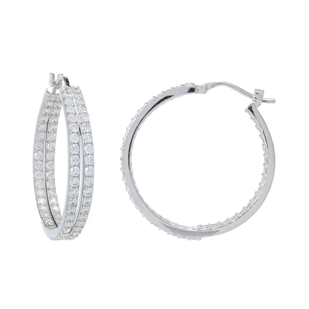 Sorrento Italian Silver 2.34 DEW Simulated Diamond Double Row Hoop Earrings - Image 2