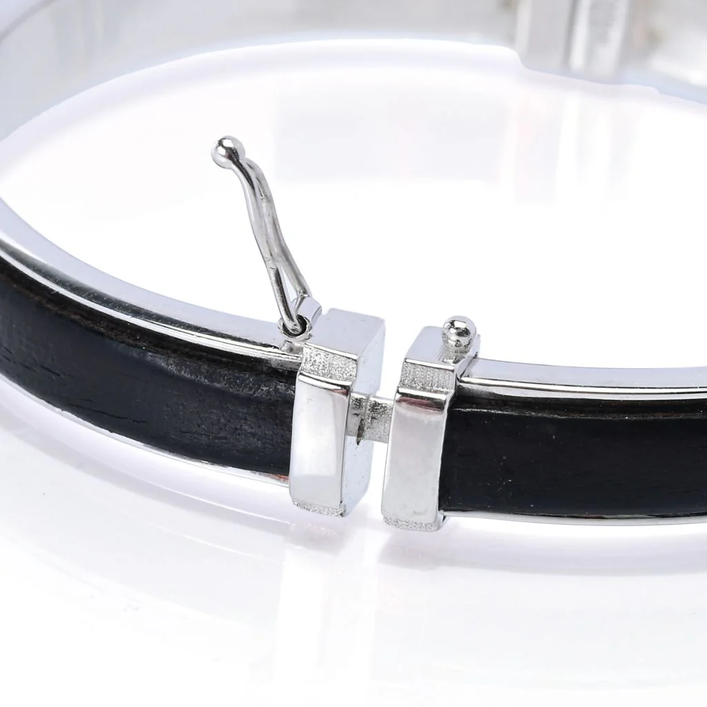 Sorrento Italian Silver Genuine Leather Inset Hinged Bangle Bracelet - Image 2
