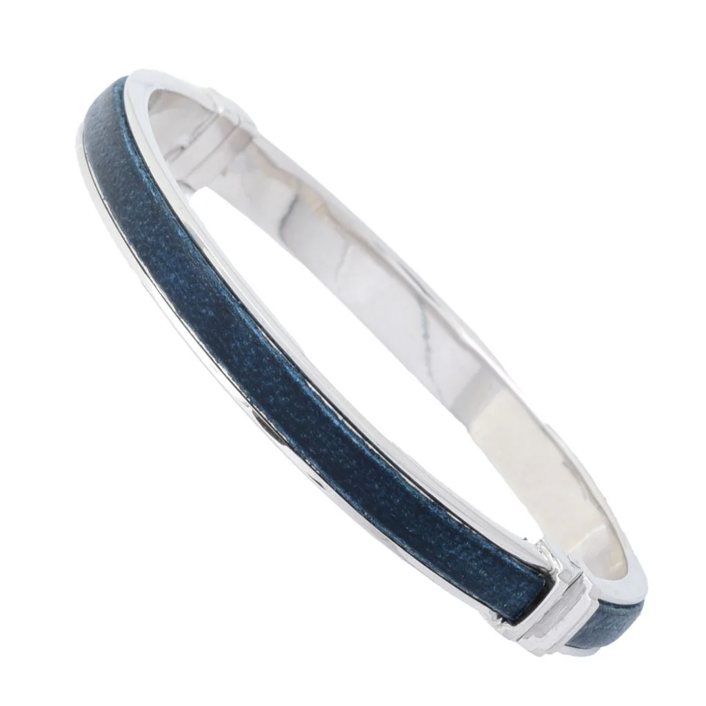 Sorrento Italian Silver Genuine Leather Inset Hinged Bangle Bracelet - Image 3