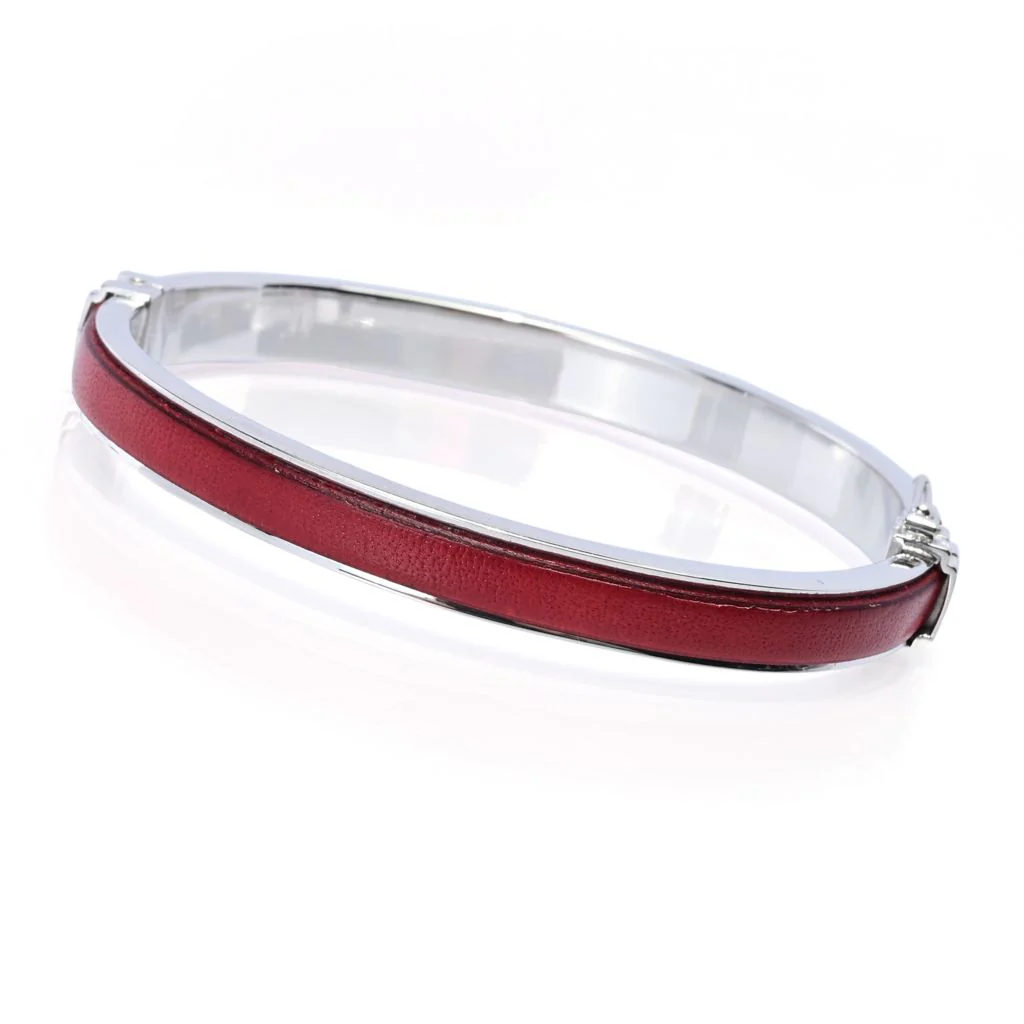 Sorrento Italian Silver Genuine Leather Inset Hinged Bangle Bracelet - Image 4