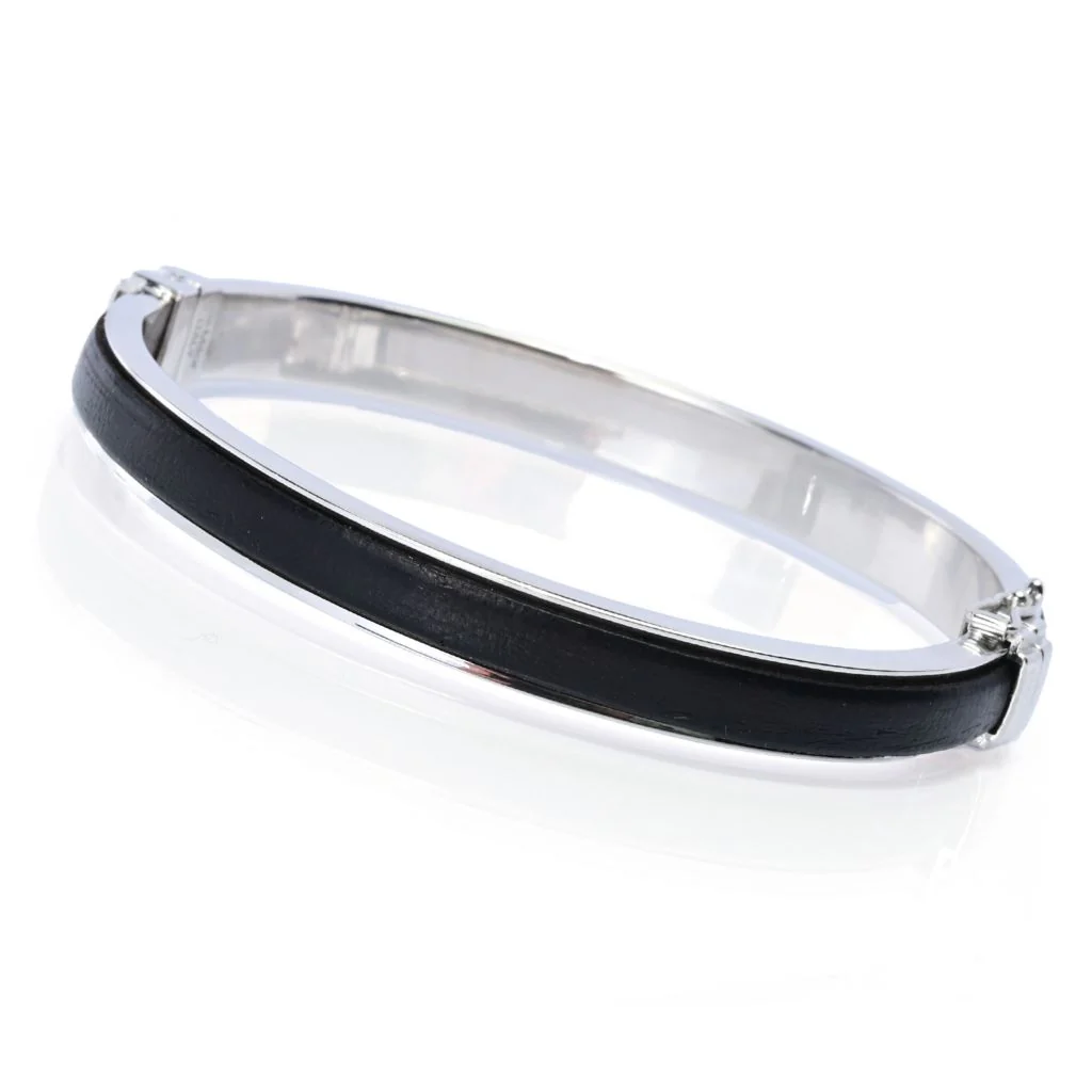 Sorrento Italian Silver Genuine Leather Inset Hinged Bangle Bracelet - Image 6