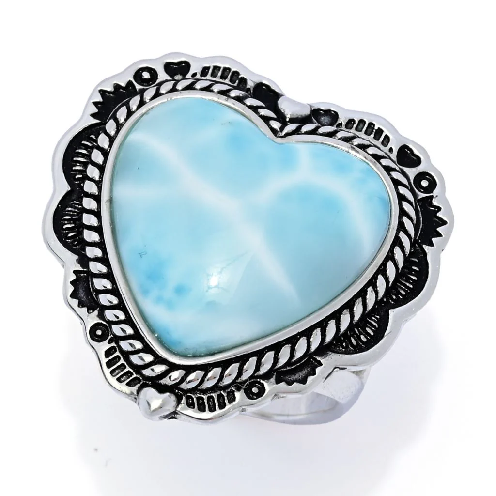 Southwest Elements 16x16mm Heart Shape Larimar Scallop Edge Ring - Image 6