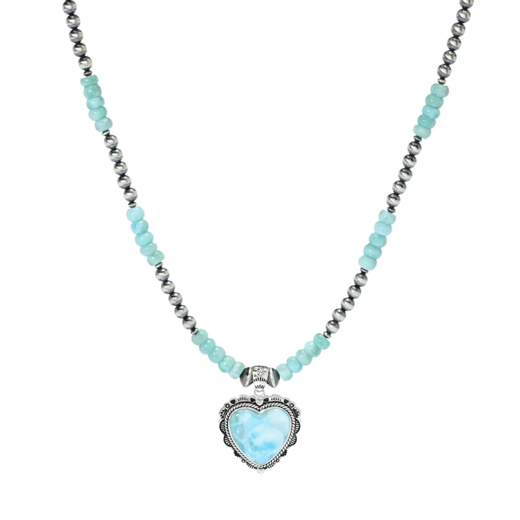 Southwest Elements 20x20mm Heart Shape Larimar & Navajo Pearl Beaded Necklace - Image 3