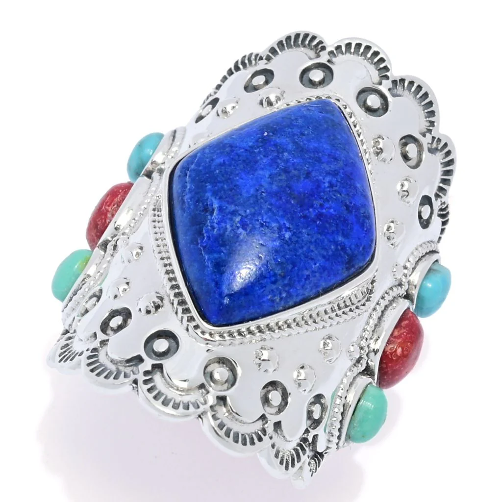 Southwest Elements Lapis, Mohave Kingman Turquoise & Red Coral Ring - Image 3