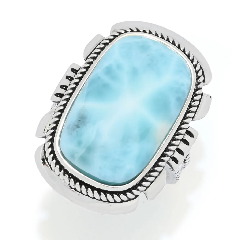 Southwest Elements Sterling Silver 23x14mm Cushion Shape Larimar Beaded Halo Ring - Image 3