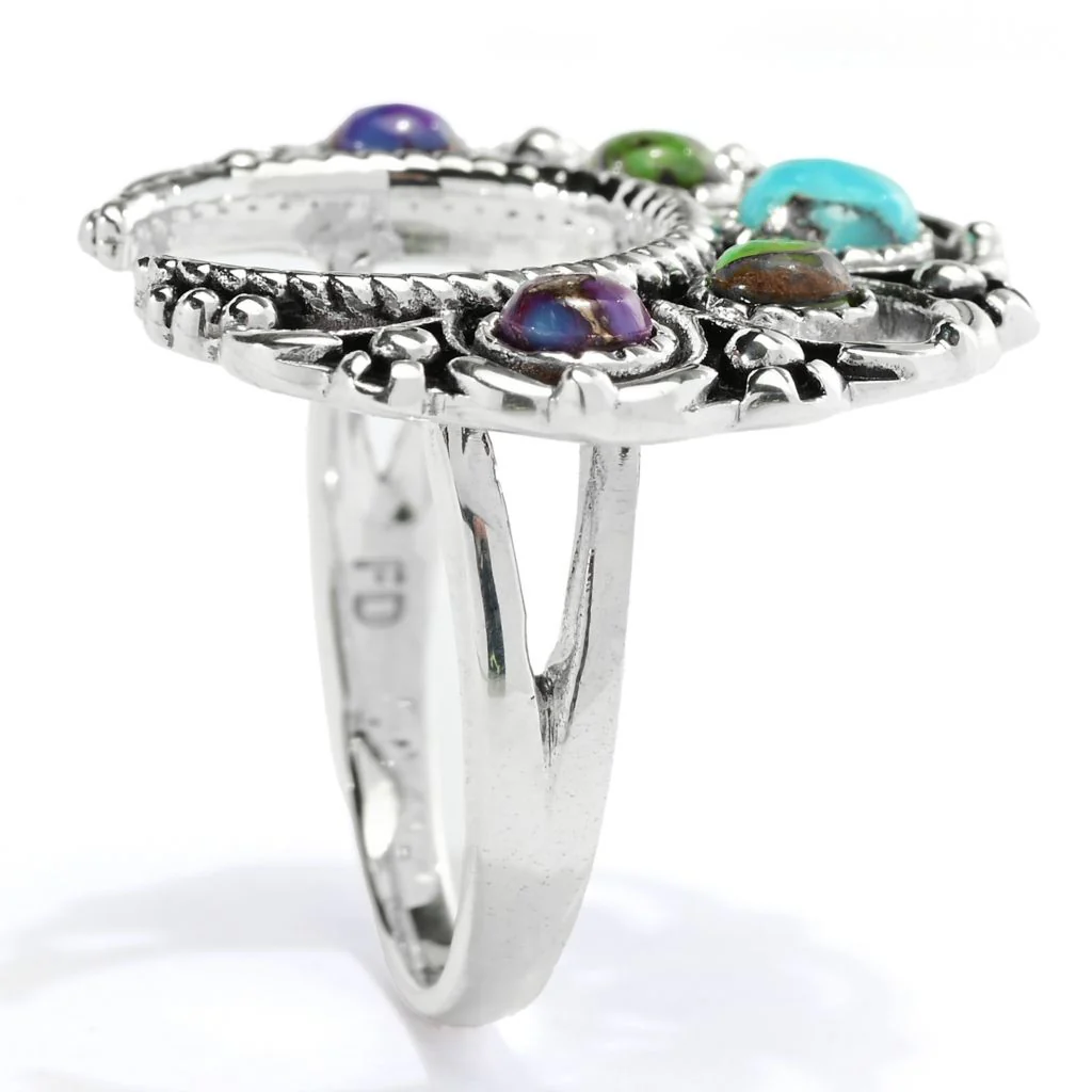 Southwest Elements Sterling Silver Mohave Turquoise Squash Blossom Ring - Image 2