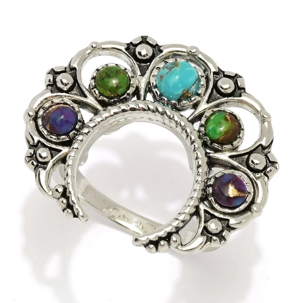 Southwest Elements Sterling Silver Mohave Turquoise Squash Blossom Ring - Image 4