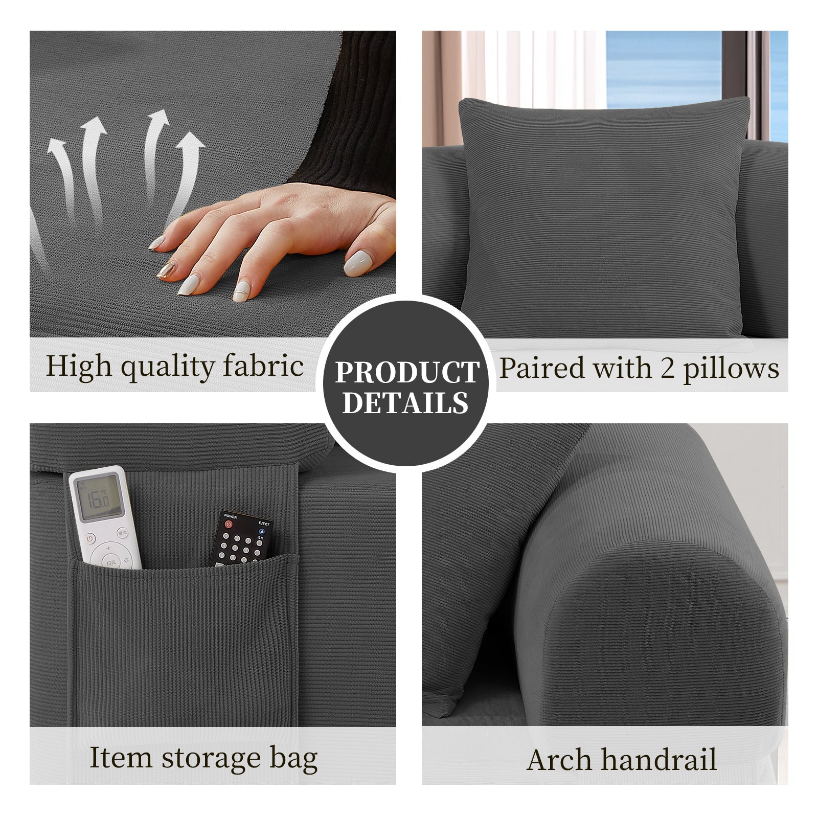 Spring Sofa with High-Quality Fabric, Pillows & Storage - Gray - Image 3