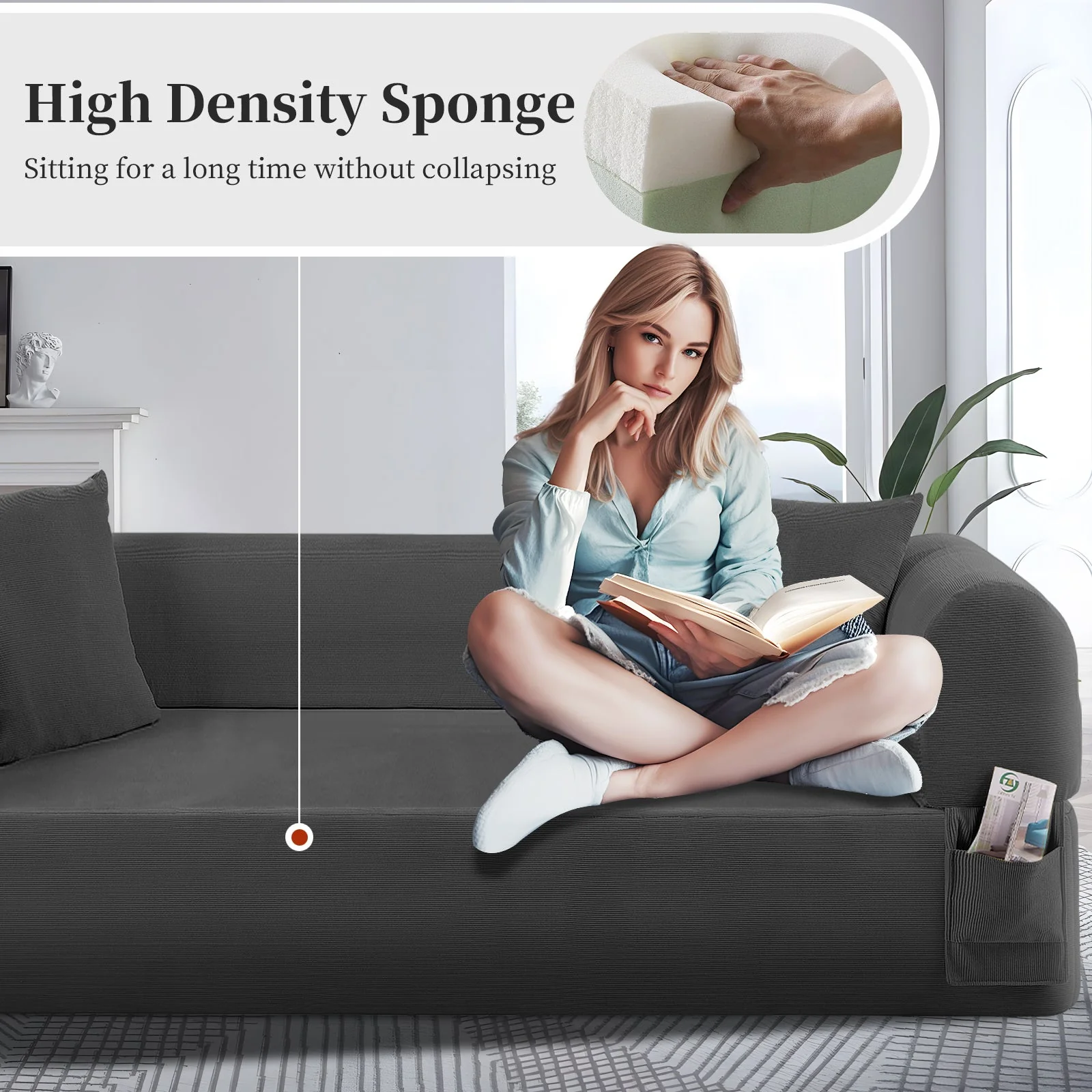 Spring Sofa with High-Quality Fabric, Pillows & Storage - Gray - Image 4