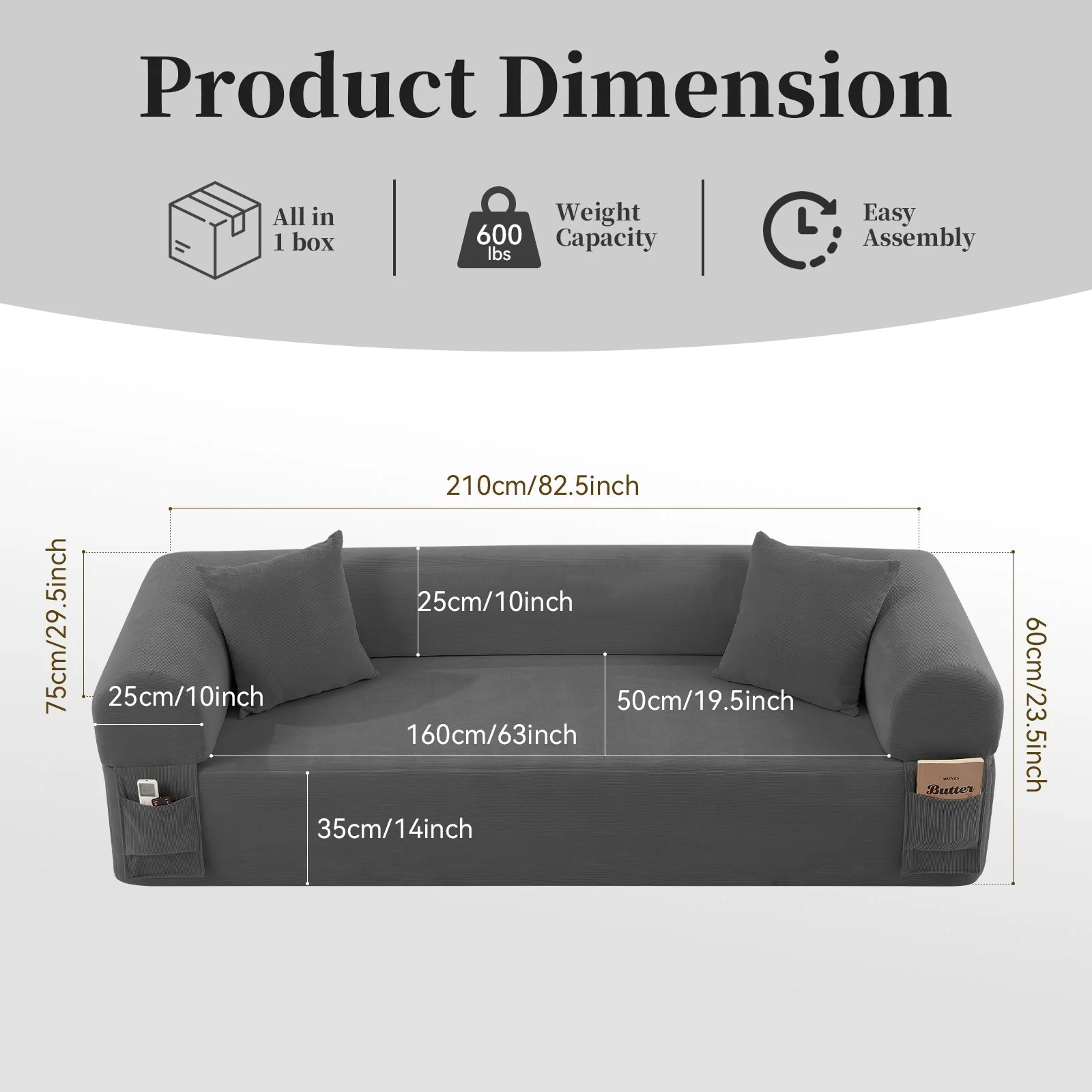 Spring Sofa with High-Quality Fabric, Pillows & Storage - Gray - Image 5