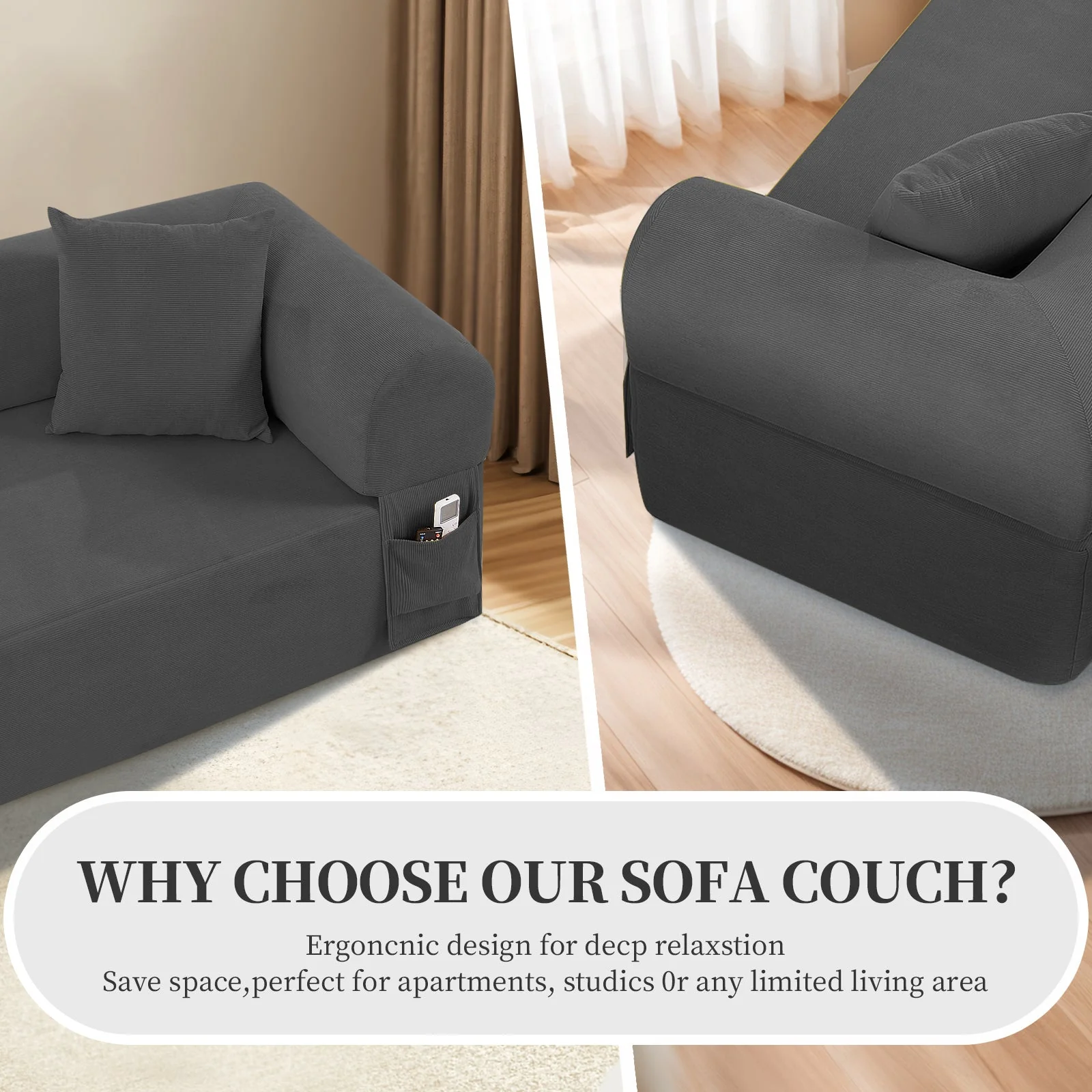 Spring Sofa with High-Quality Fabric, Pillows & Storage - Gray - Image 6