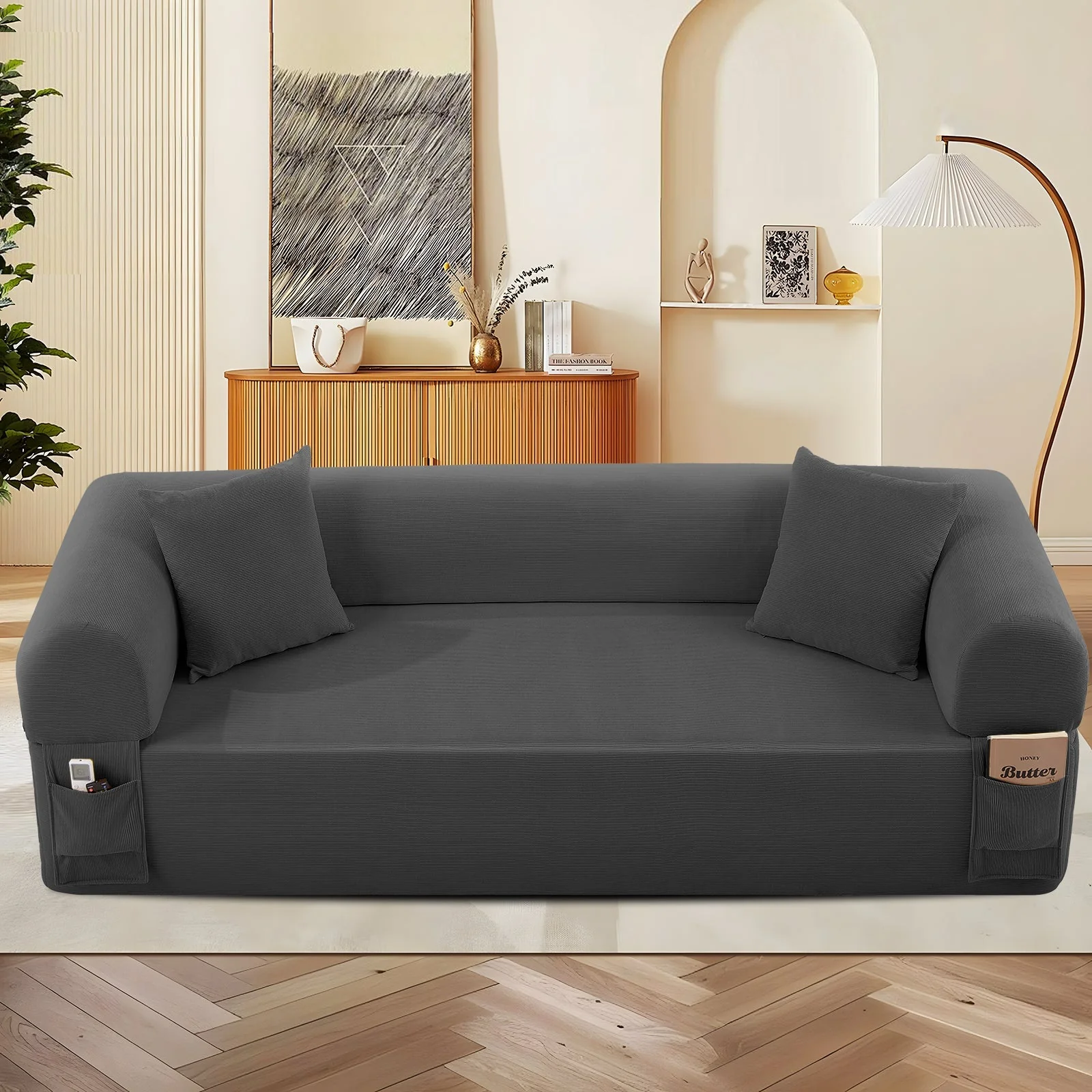 Spring Sofa with High-Quality Fabric, Pillows & Storage - Gray - Image 8
