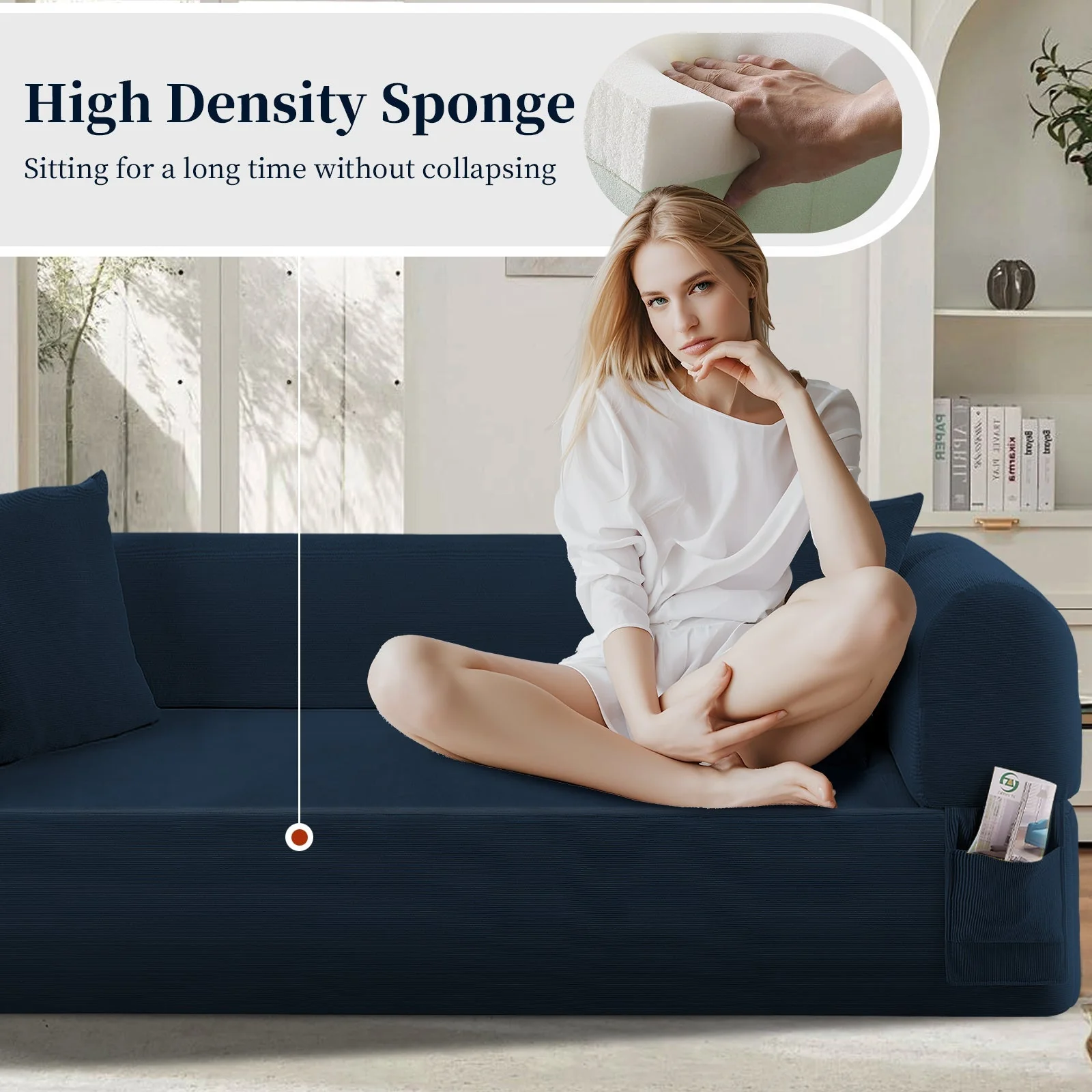 Spring Sofa with High-Quality Fabric, Pillows & Storage in Blue - Image 3