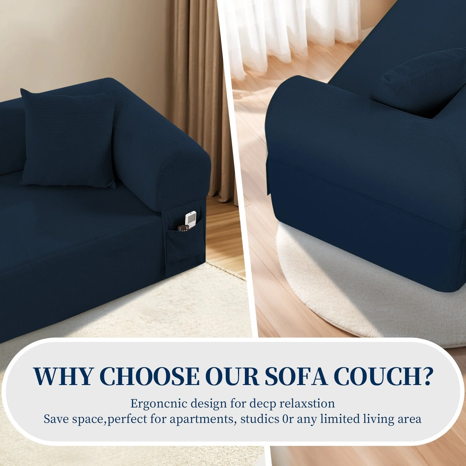 Spring Sofa with High-Quality Fabric, Pillows & Storage in Blue - Image 4