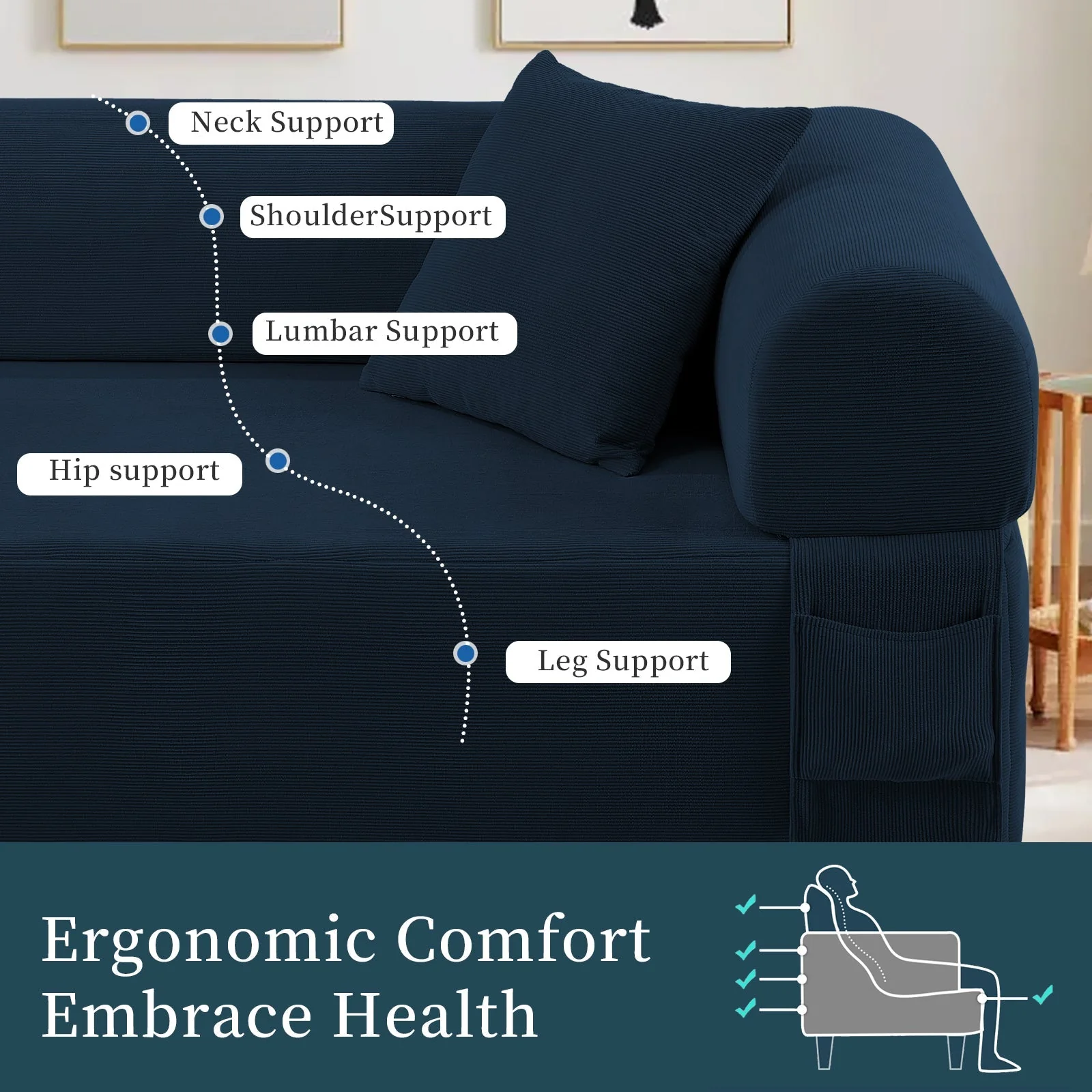 Spring Sofa with High-Quality Fabric, Pillows & Storage in Blue - Image 6
