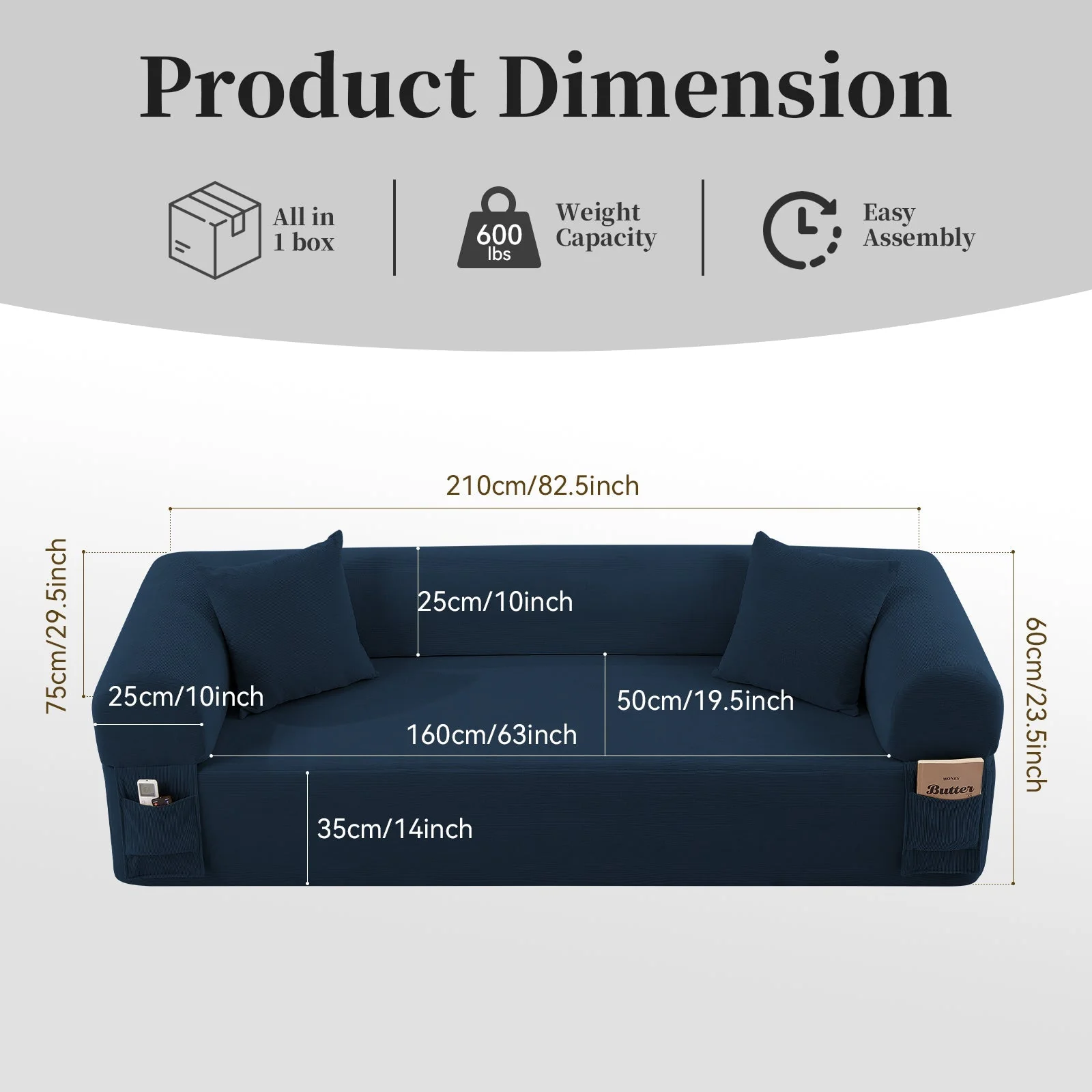 Spring Sofa with High-Quality Fabric, Pillows & Storage in Blue - Image 7